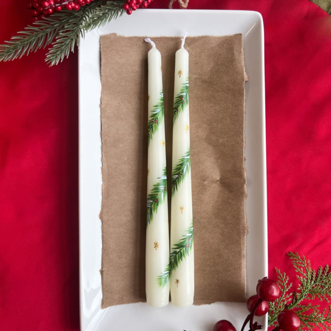 "Set of Two Christmas Pine Garland Taper Candles" - Candles and Holders in beige by Emily de Moraes