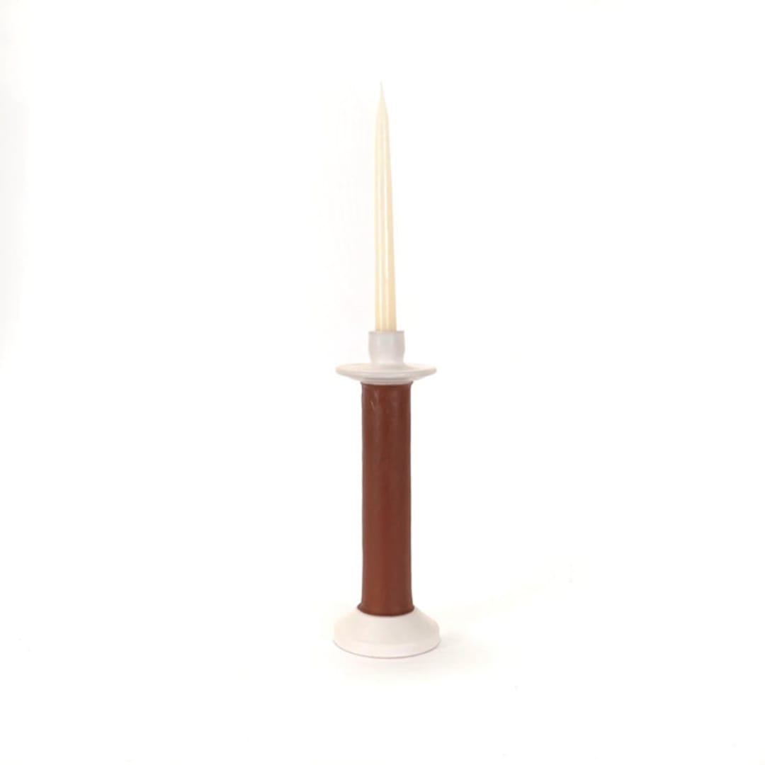 "Handcrafted Leather-Wrapped Candle Holder from Morocco - White/Tall" - Candles and Holders in white by Powered By People