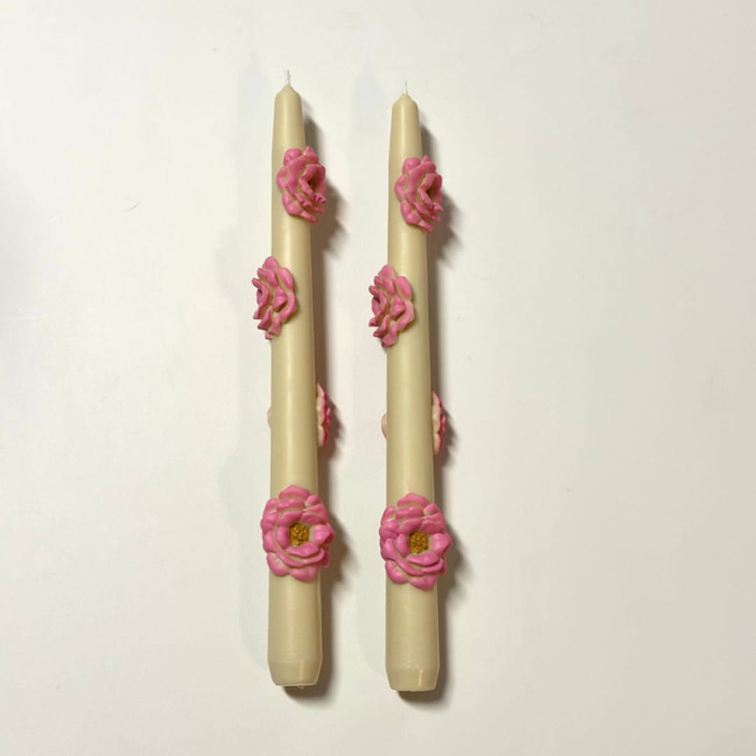 "Beige And Pink Camellia Blossom Tapers" - Candles and Holders in multicolor by Over By The Moon
