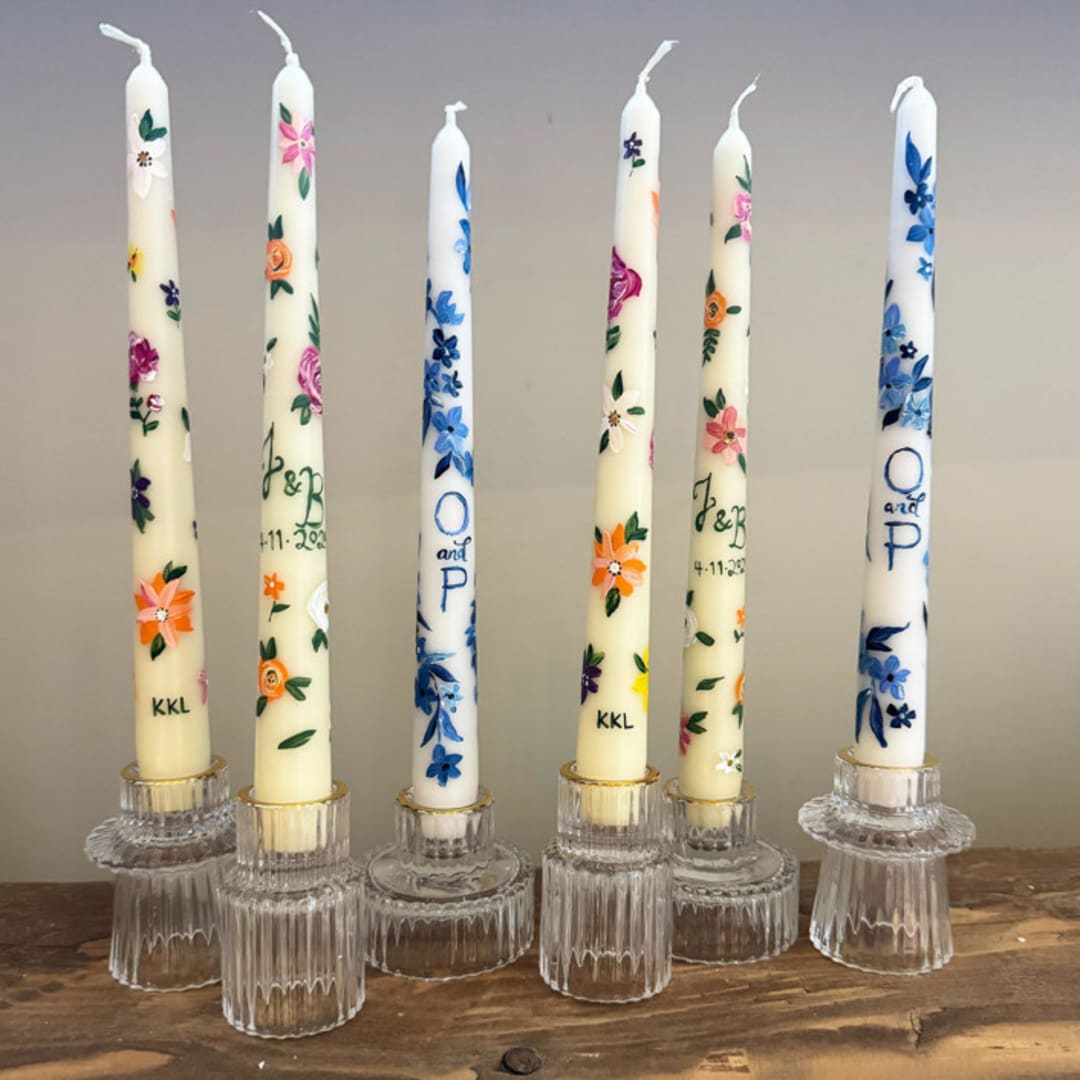 "Fully Custom Hand-Painted Taper Candles, Set of 2" - Candles and Holders in multicolorassorted-colors by Ashley Myers