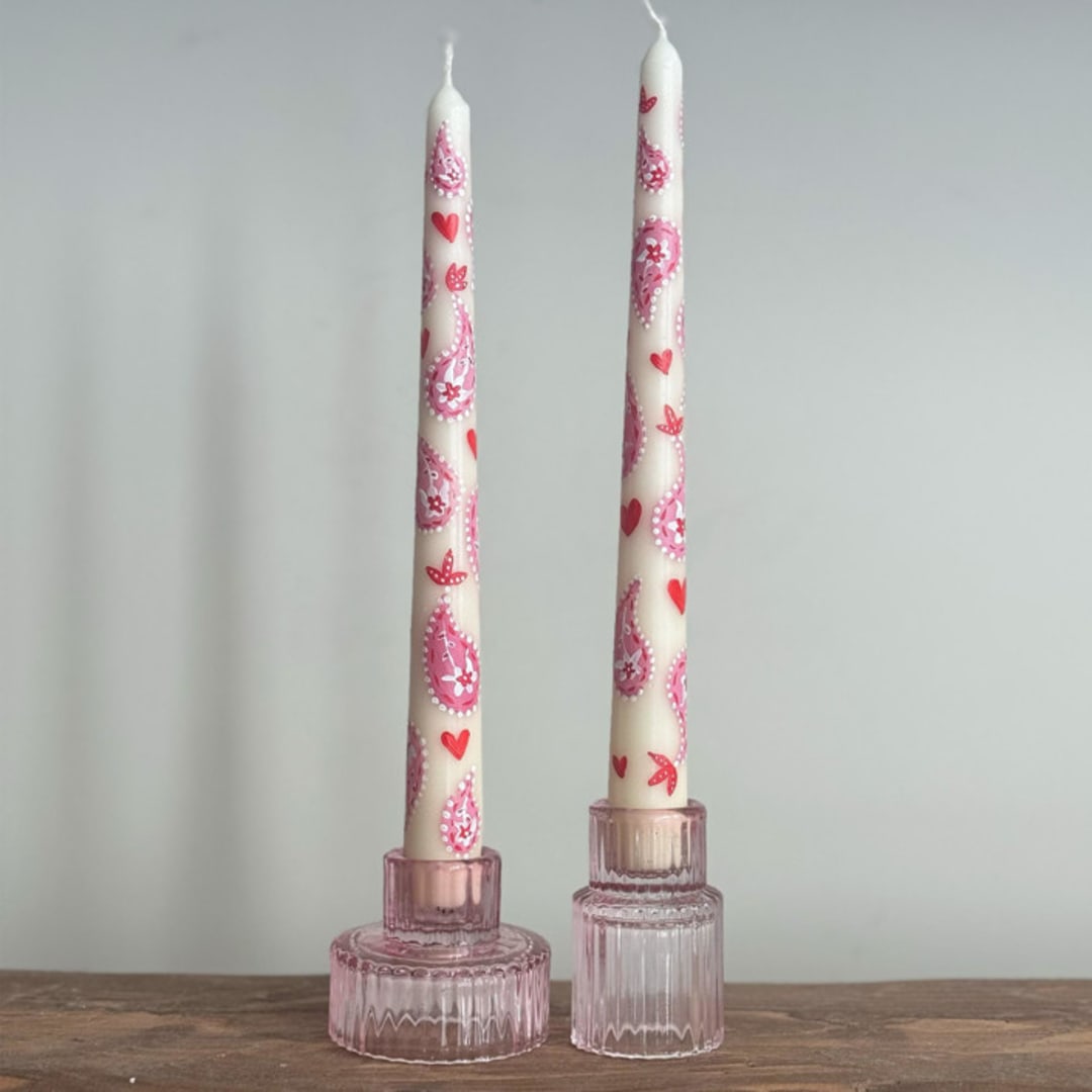 Ivory with Pink and Red Paisley Hearts Hand-Painted Taper Candles, Set of 2