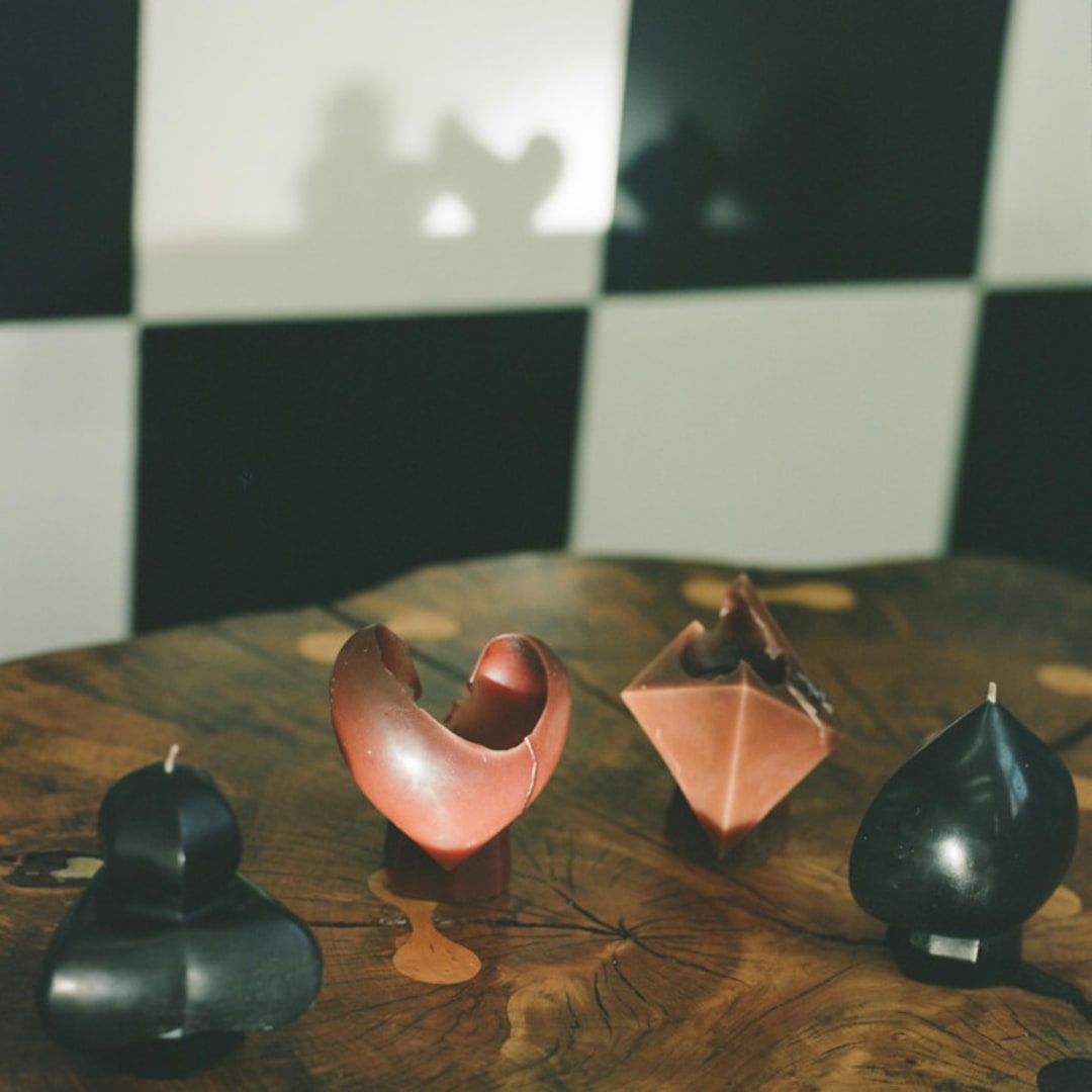 "Puppets & Puppets and Hands Suit Suite WITHOUT CERAMIC TRAY" - Candles and Holders in red by Danielle Gaito
