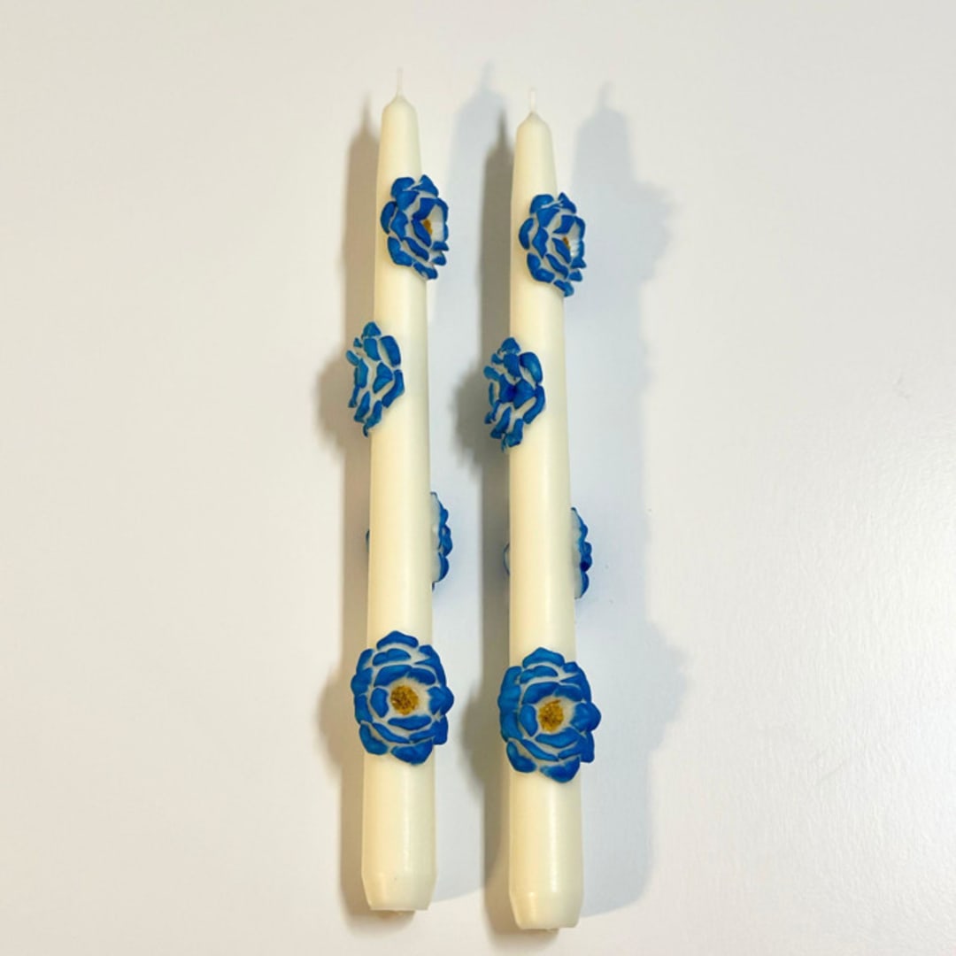 "White and Blue Camellia Blossom Tapers" - Candles and Holders in multicolor by Over By The Moon