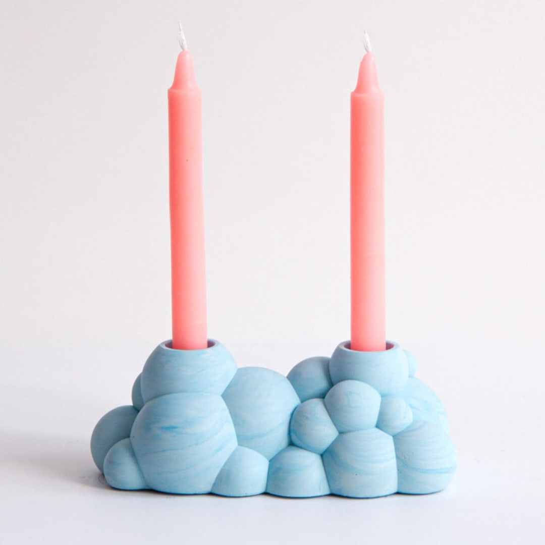 Molecule double candle holder, blue marble
