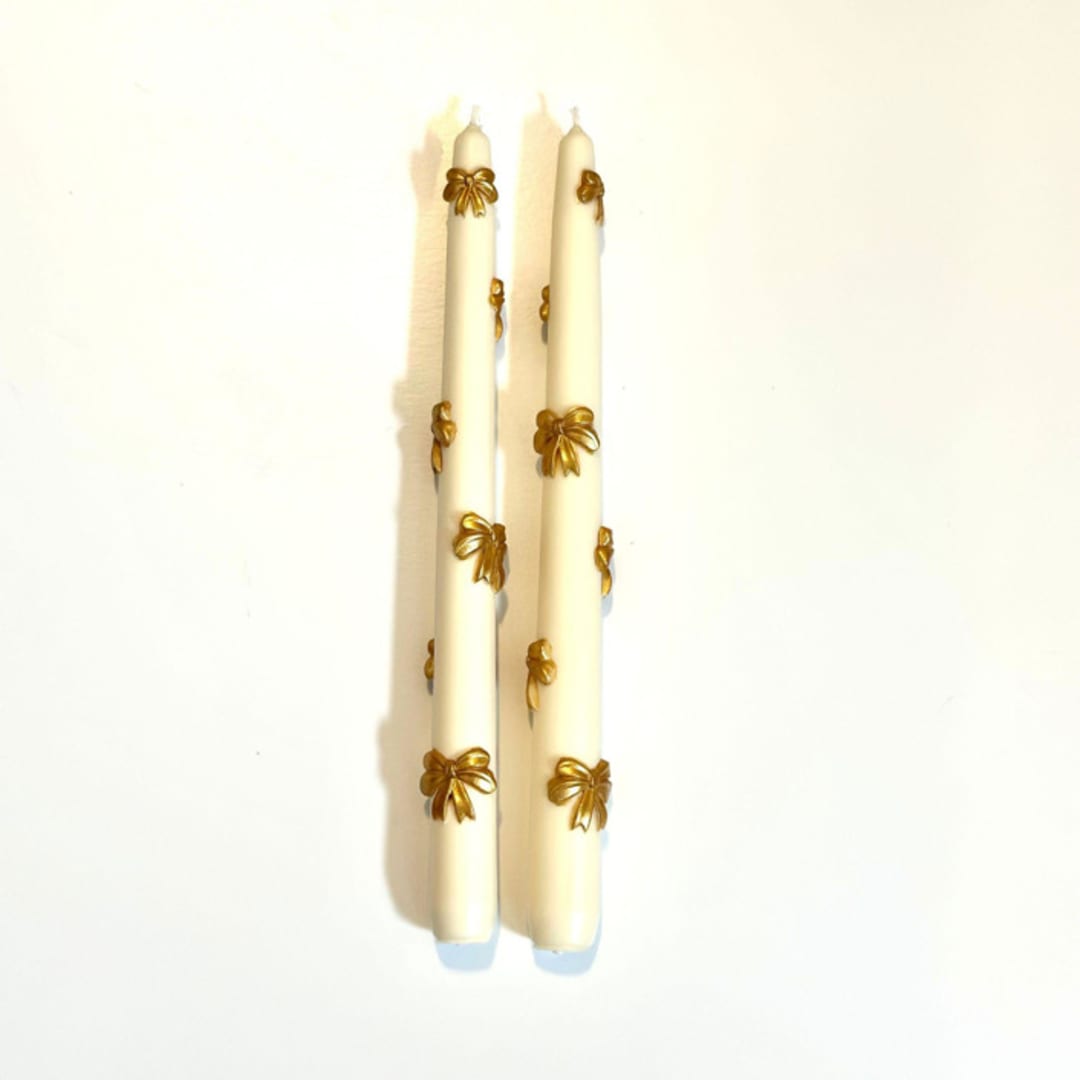 "White and Gold Ribbon Tapers" - Candles and Holders in multicolor by Over By The Moon