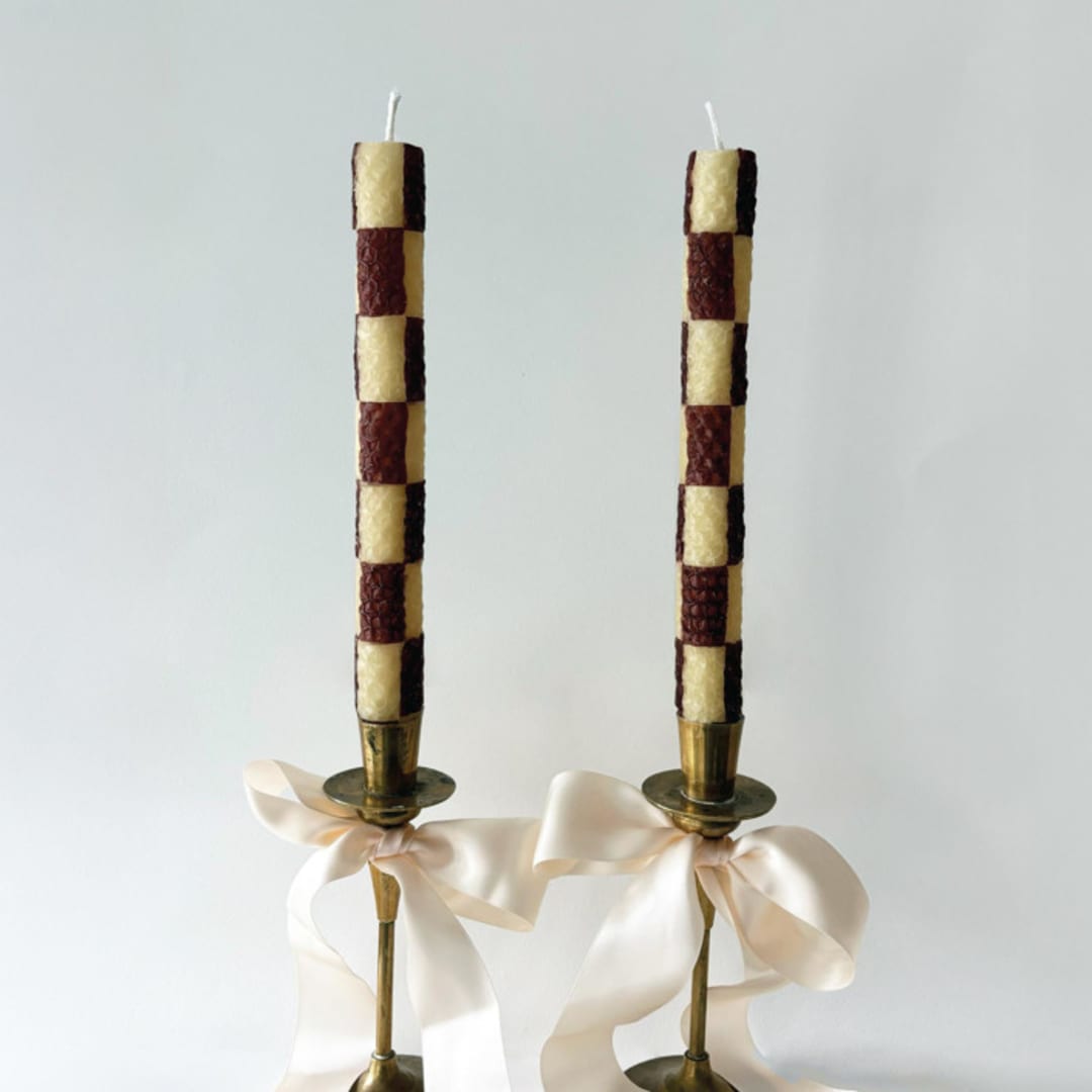 "Checkered Taper Candles (brown & beige)" - Candles and Holders in brown by Annie Shapiro