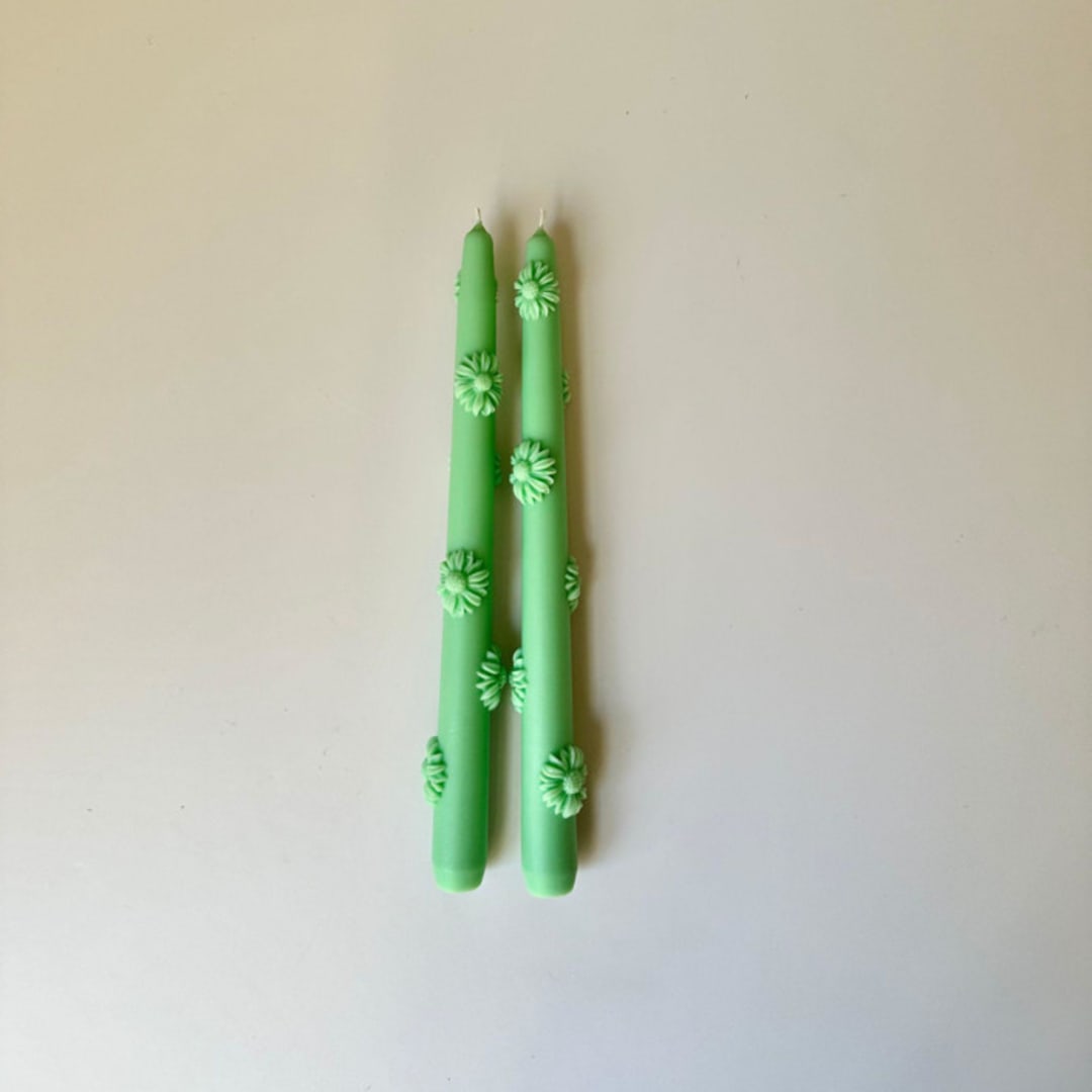 "Green Daisy Taper Set" - Candles and Holders in green by Over By The Moon