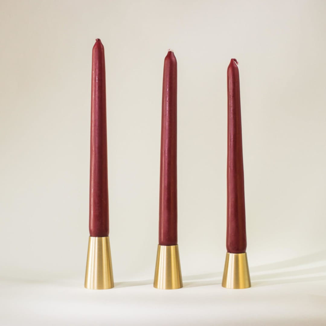 "Conical Candlestick - Set of 3" - Candles and Holders in brass by Roarcraft