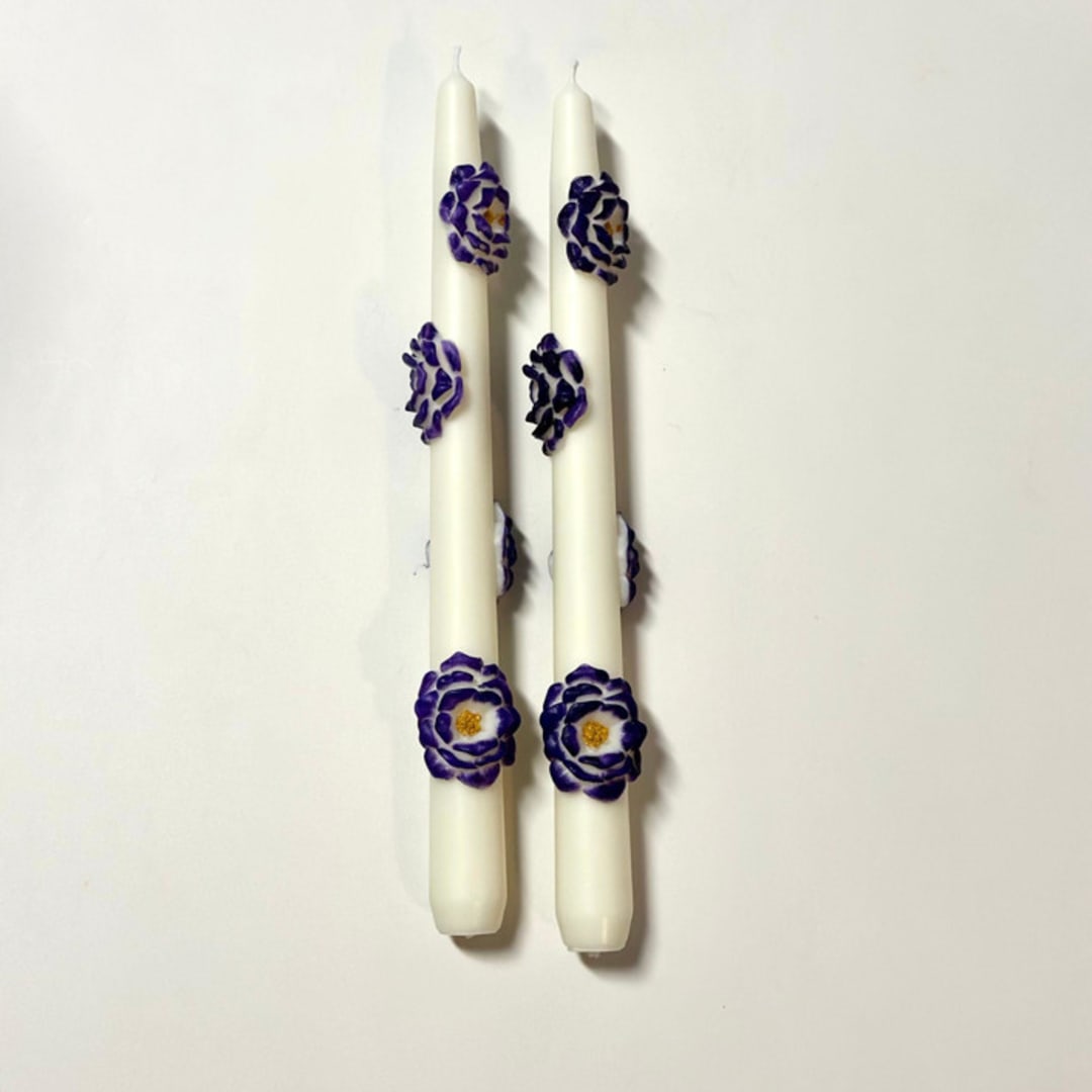 "White And Purple Camellia Blossom Tapers" - Candles and Holders in multicolor by Over By The Moon
