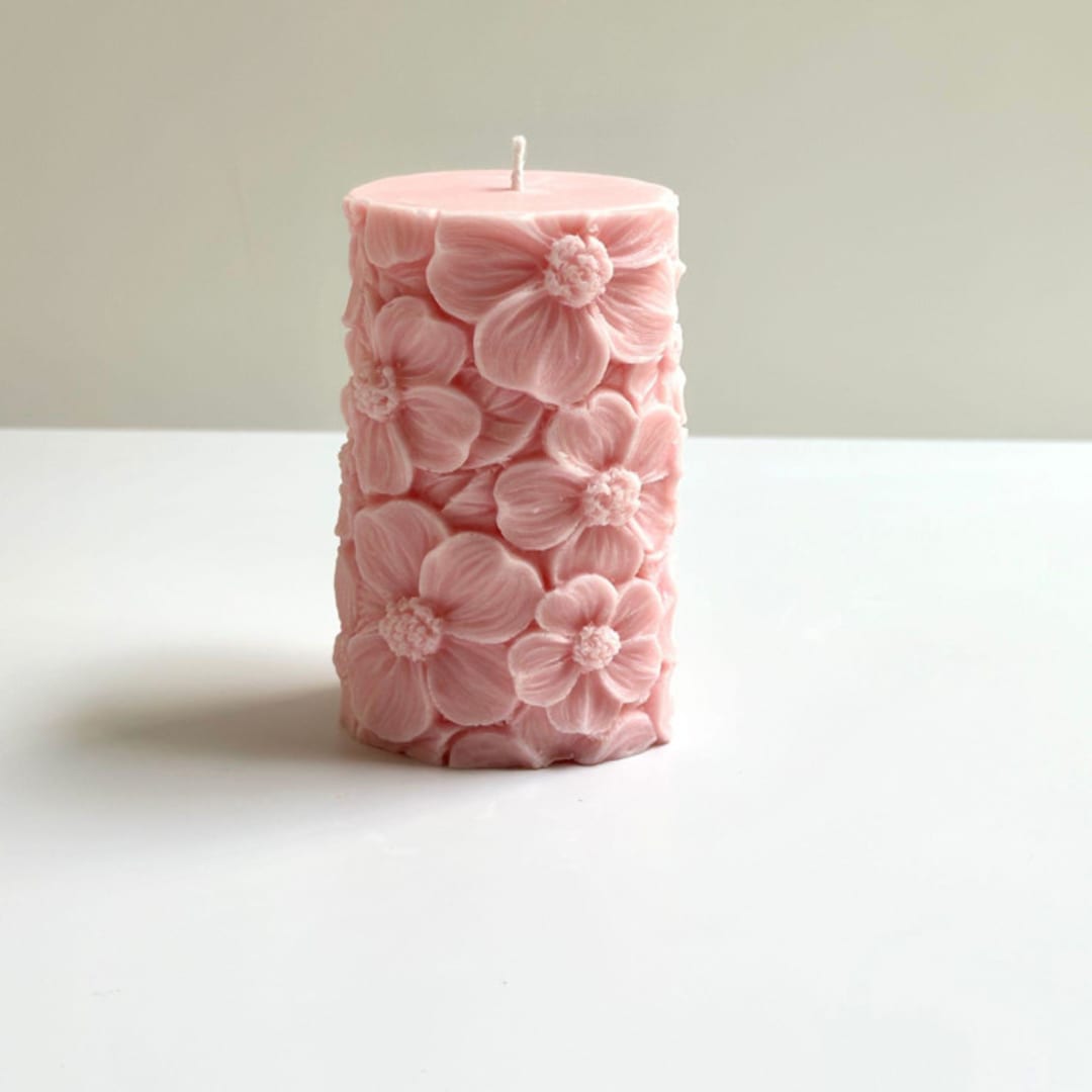 "Pink Floral Pillar" - Candles and Holders in pink by Over By The Moon