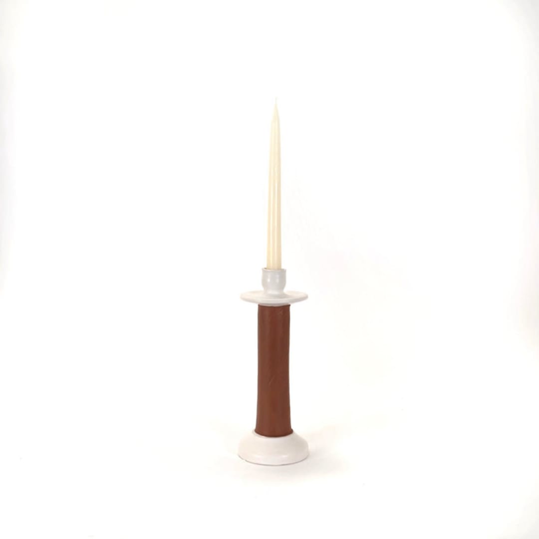 "Elegant Leather-Wrapped Candle Holder - Handmade in Morocco - White/Medium" - Candles and Holders in white by Powered By People