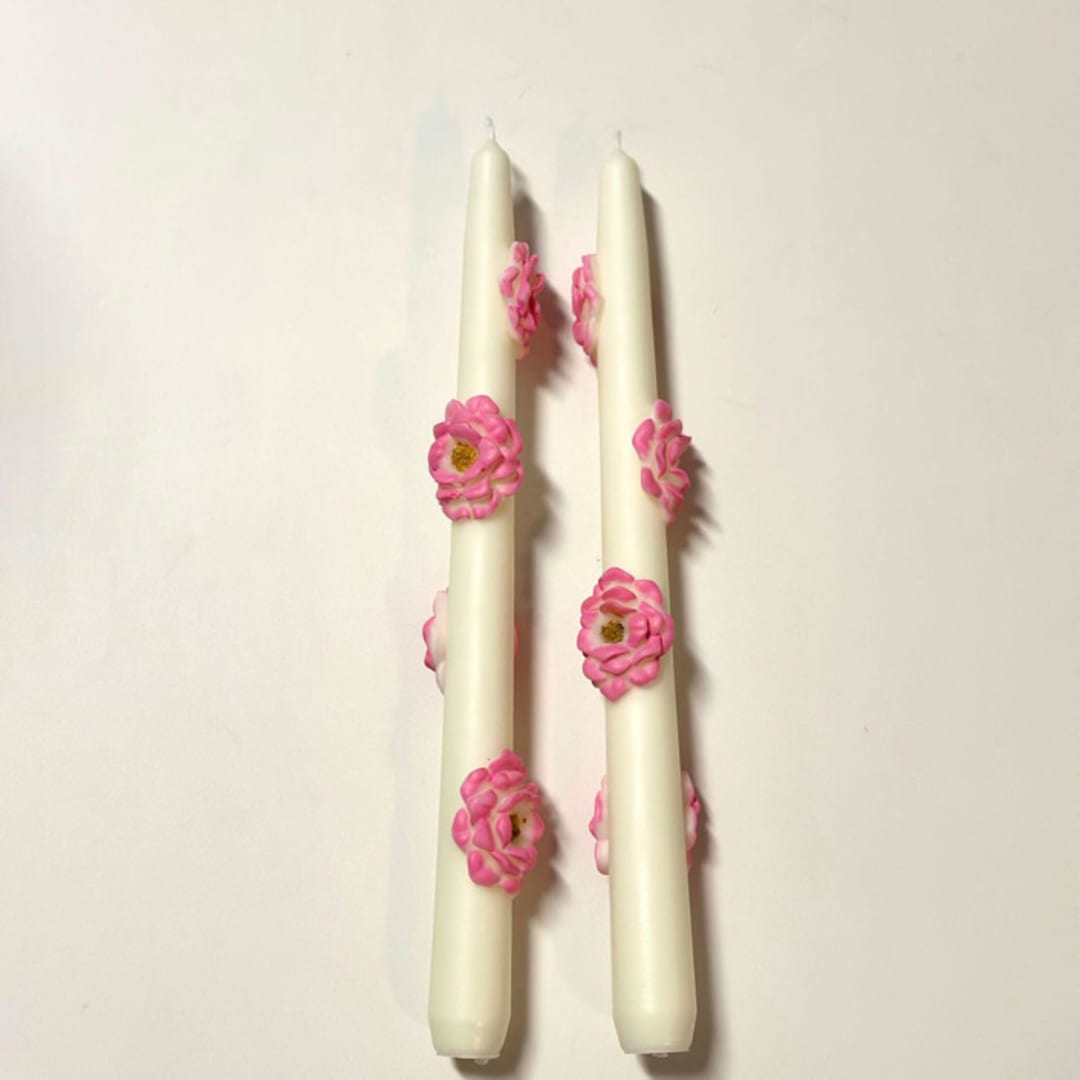 "White and Pink Camellia Blossom Tapers" - Candles and Holders in multicolor by Over By The Moon