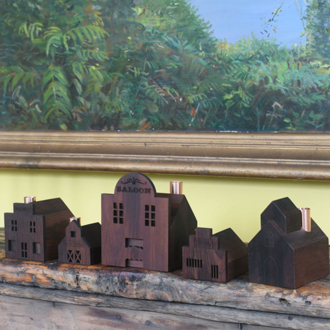 "Small Western Village Set of Four Wooden Candlestick Holders" - Candles and Holders in brown by Ann Nygard