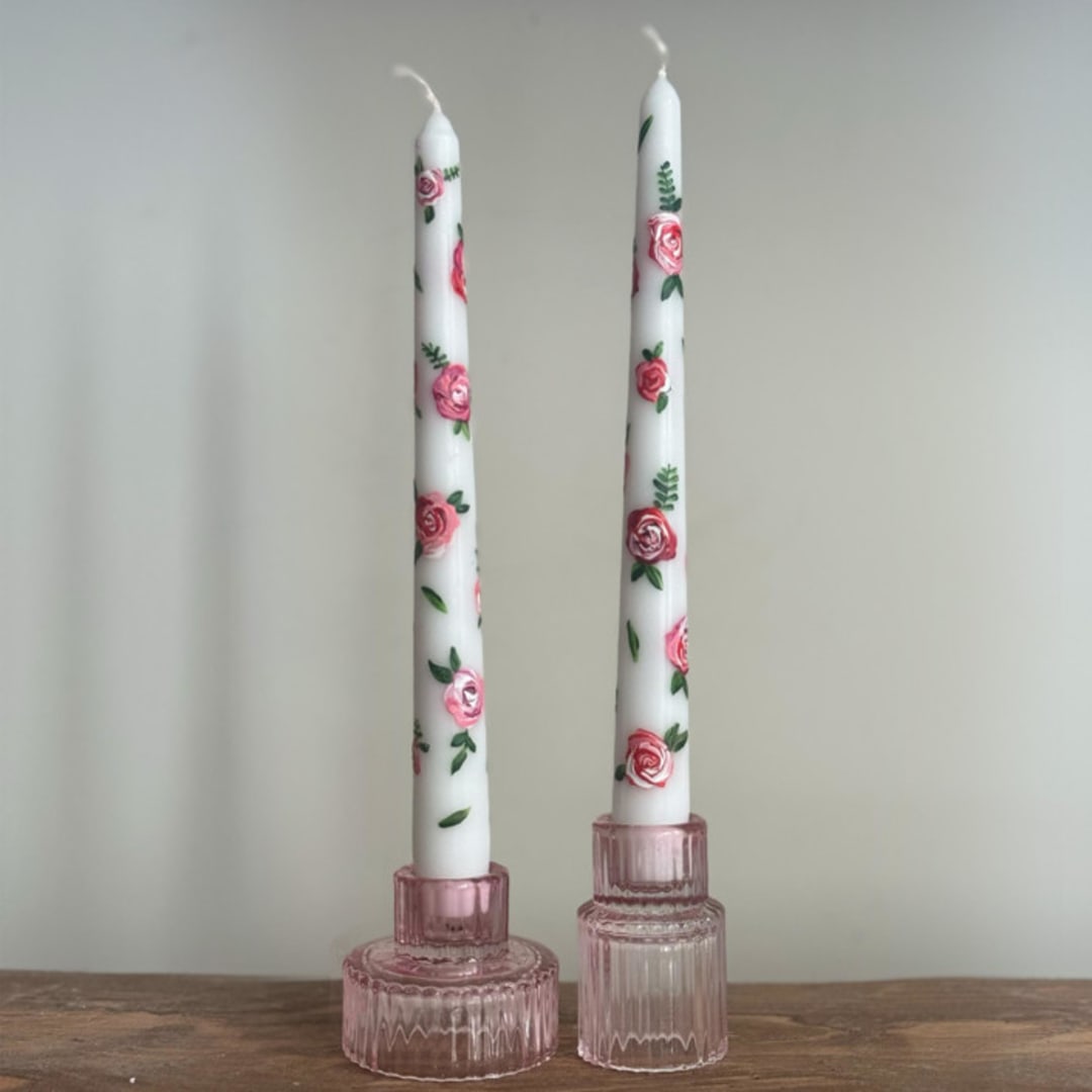 "White with Pink and Red Roses Floral Hand-Painted Taper Candles, Set of 2" - Candles and Holders in pink by Ashley Myers