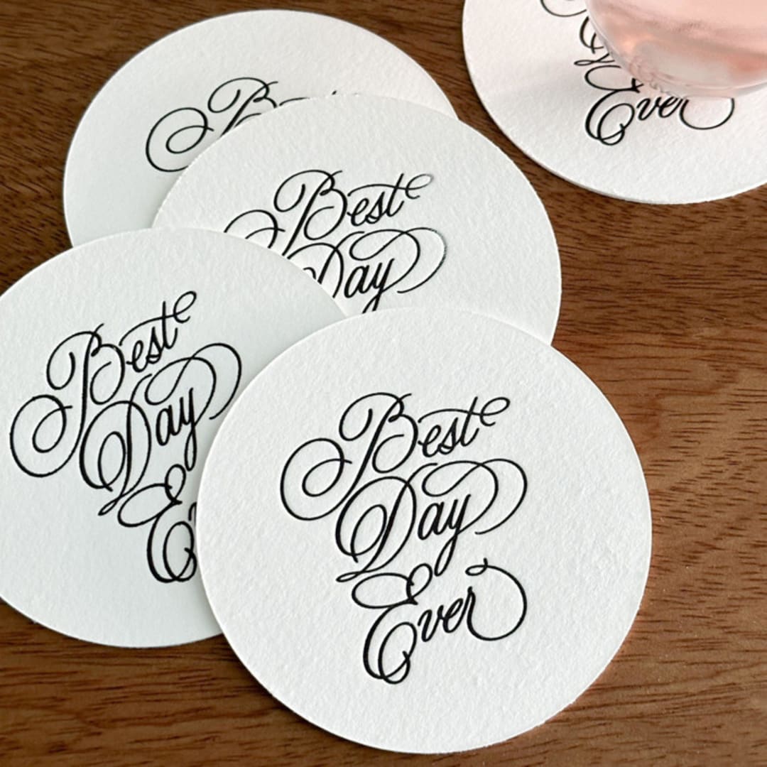 "“Best day ever” letterpress disposable paper coasters | Set of 25" - Wedding Coasters in green by Maria Ferrer G.
