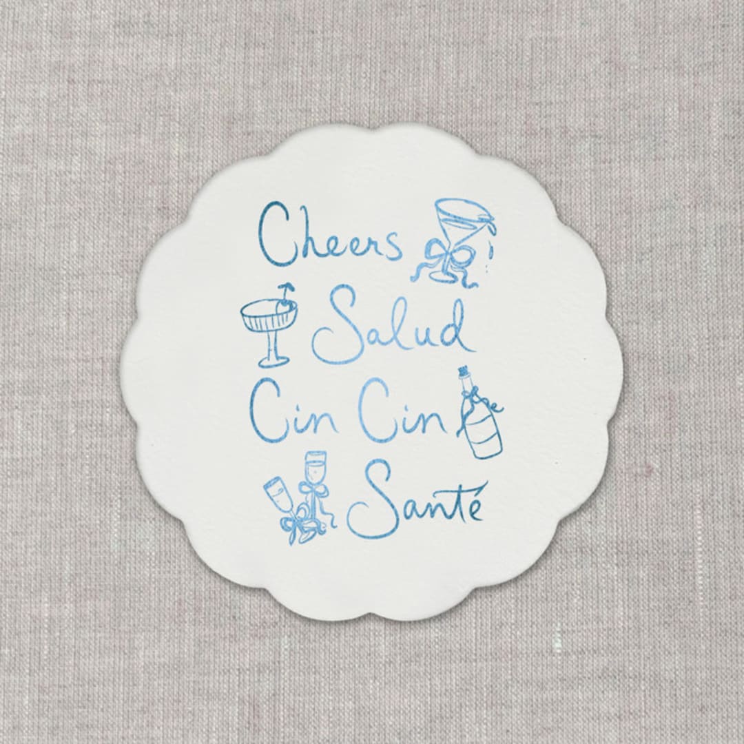 "Cheers, cin cin, santé, salud white disposable coasters / Customizable color - Set of 20" - Wedding Coasters in white by Maria Ferrer G.