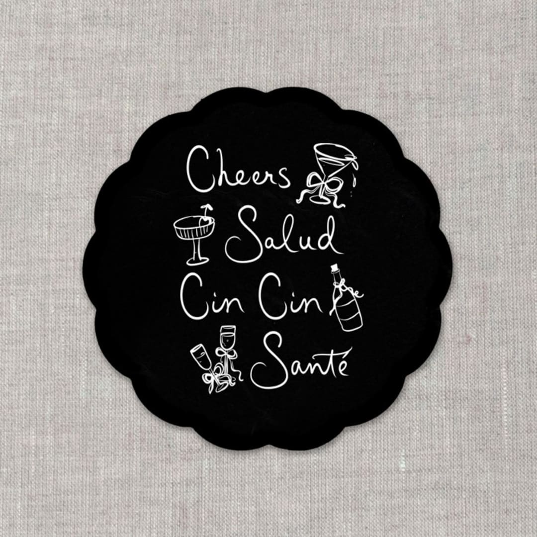 "Cheers, cin cin, santé, salud black disposable coasters / Customizable color - Set of 20" - Wedding Coasters in white by Maria Ferrer G.