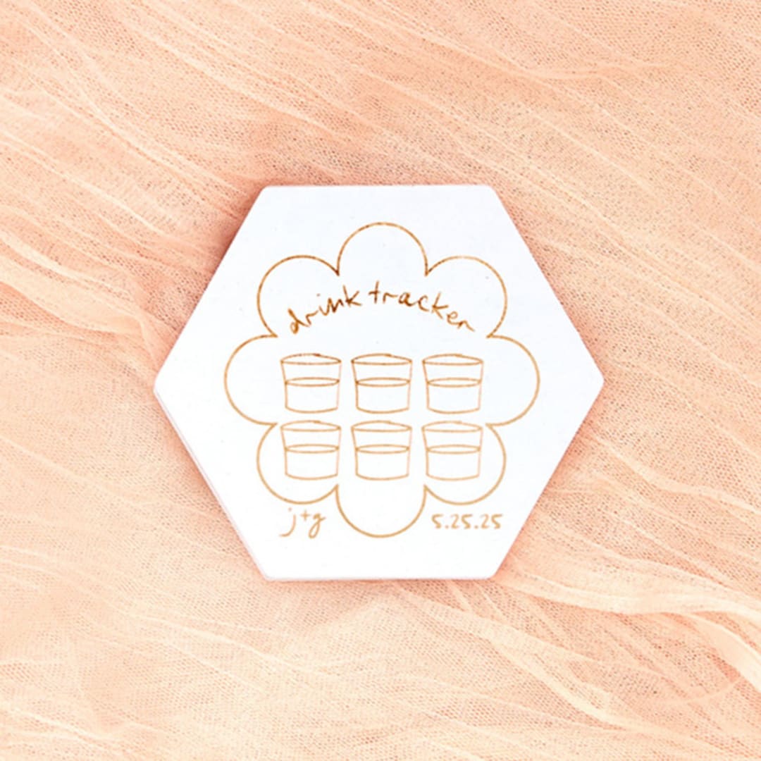 "Kitschy Cocktail Hour Drink Tracker Coaster, hexagon shape, set of 100" - Wedding Coasters in white by ForYourParty