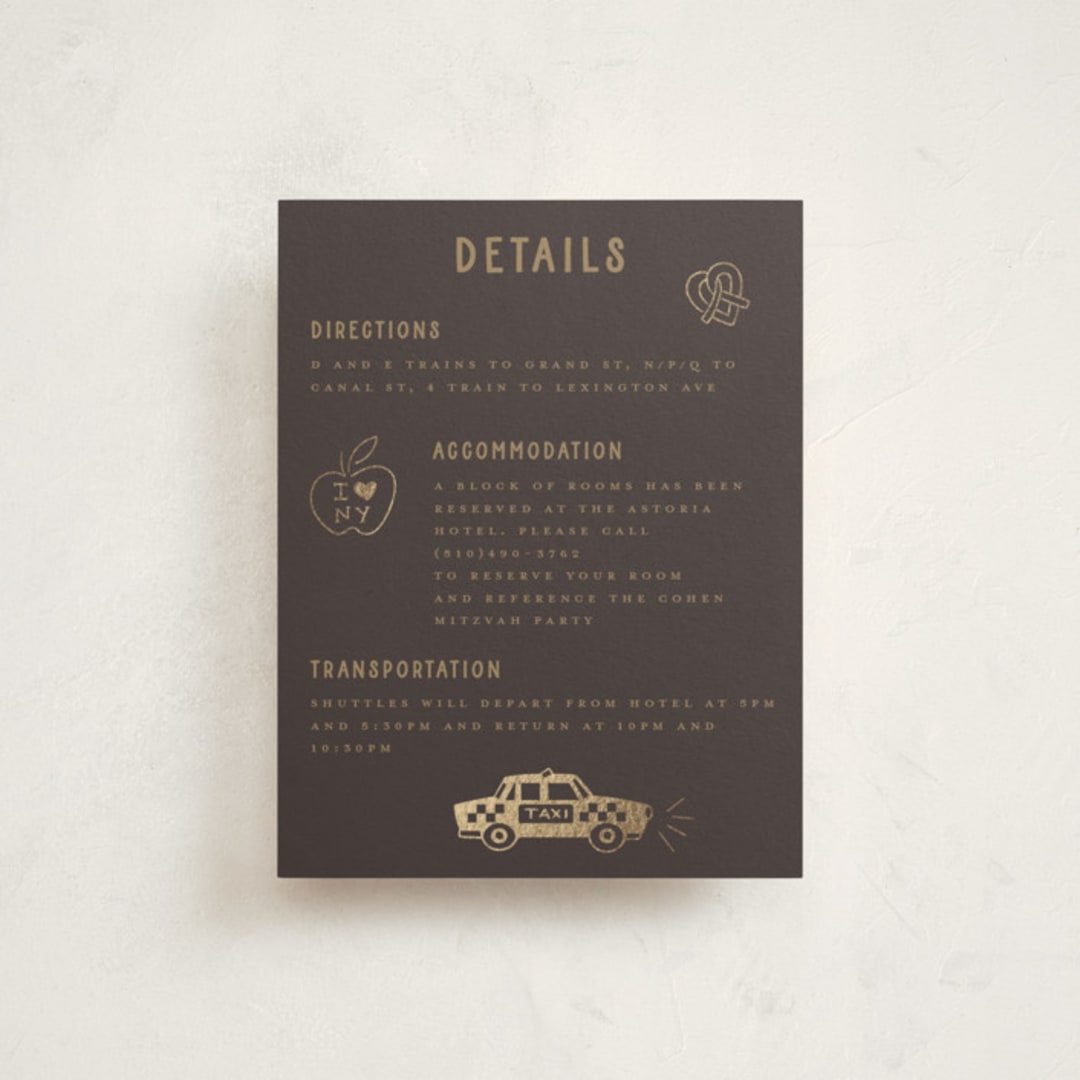 "Gilded NYC" - Mitzvah Direction Cards in Beetle by Teju Reval - Front