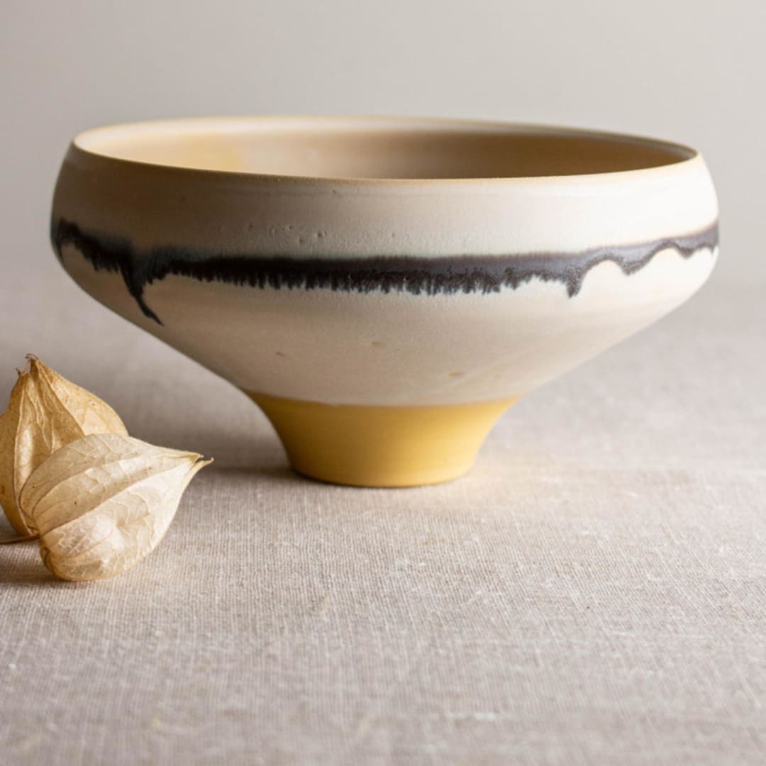 "Glazed Yellow Porcelain Vessel with Manganese Lines 3" - Decorative Object in yellow by Lisa Fleming