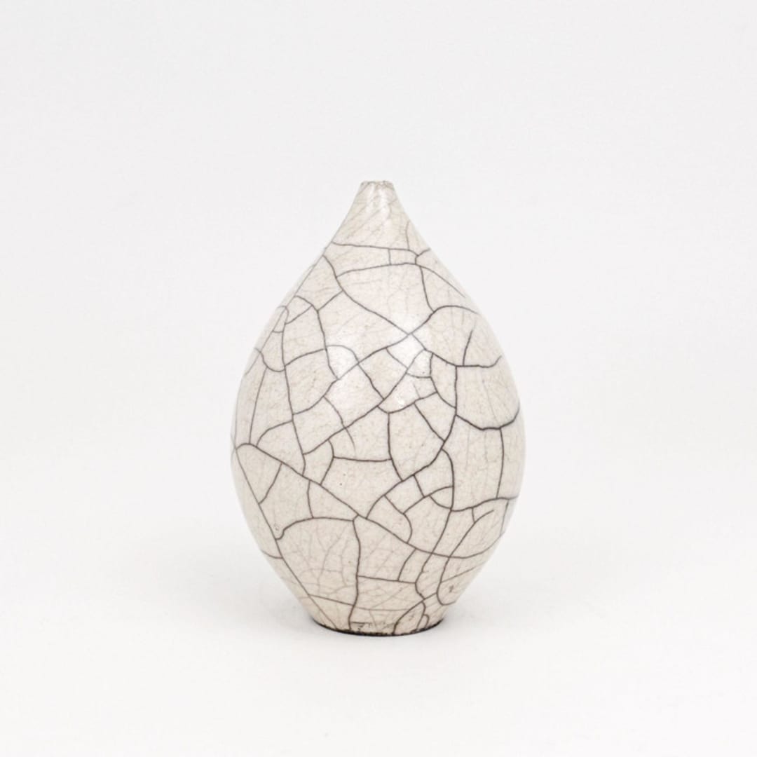 "Raku-fired White Crackle Vessel / 024" - Decorative Object in white by Emily Cheung Ceramics