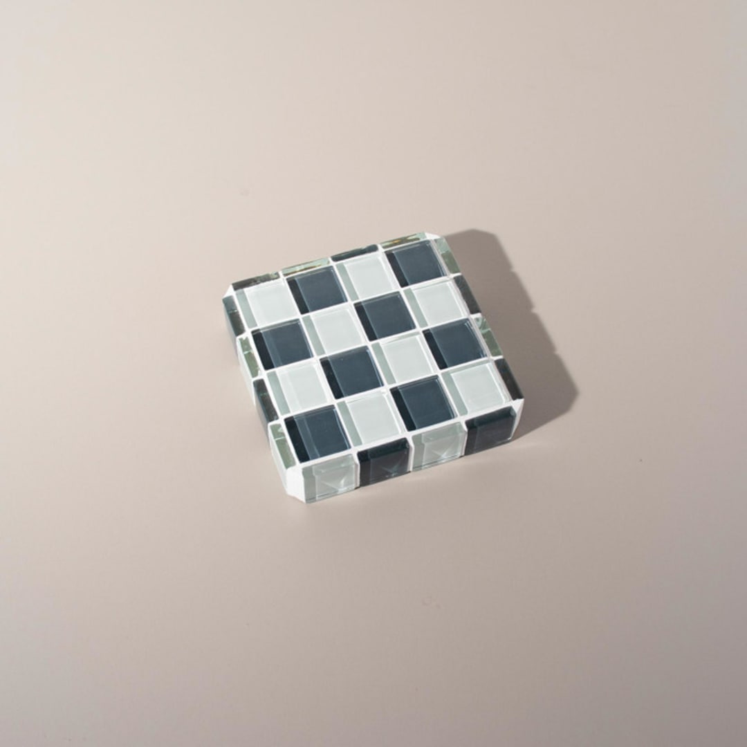 "Glass Tile Cube in Stone Wall" - Decorative Object in gray by Subtle Art Studios