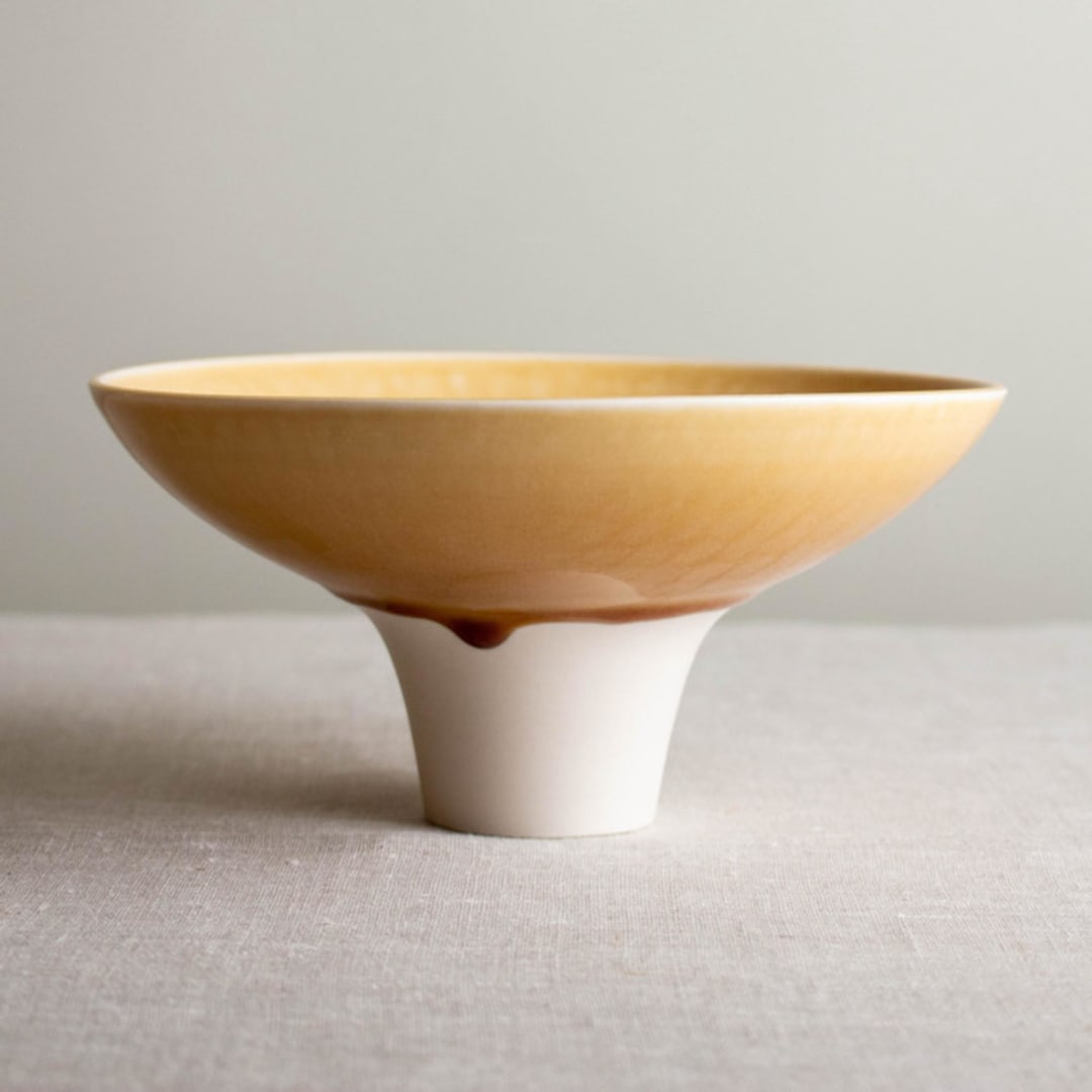 "Butterscotch Glazed Pedestal Vessel" - Decorative Object in yellow by Lisa Fleming