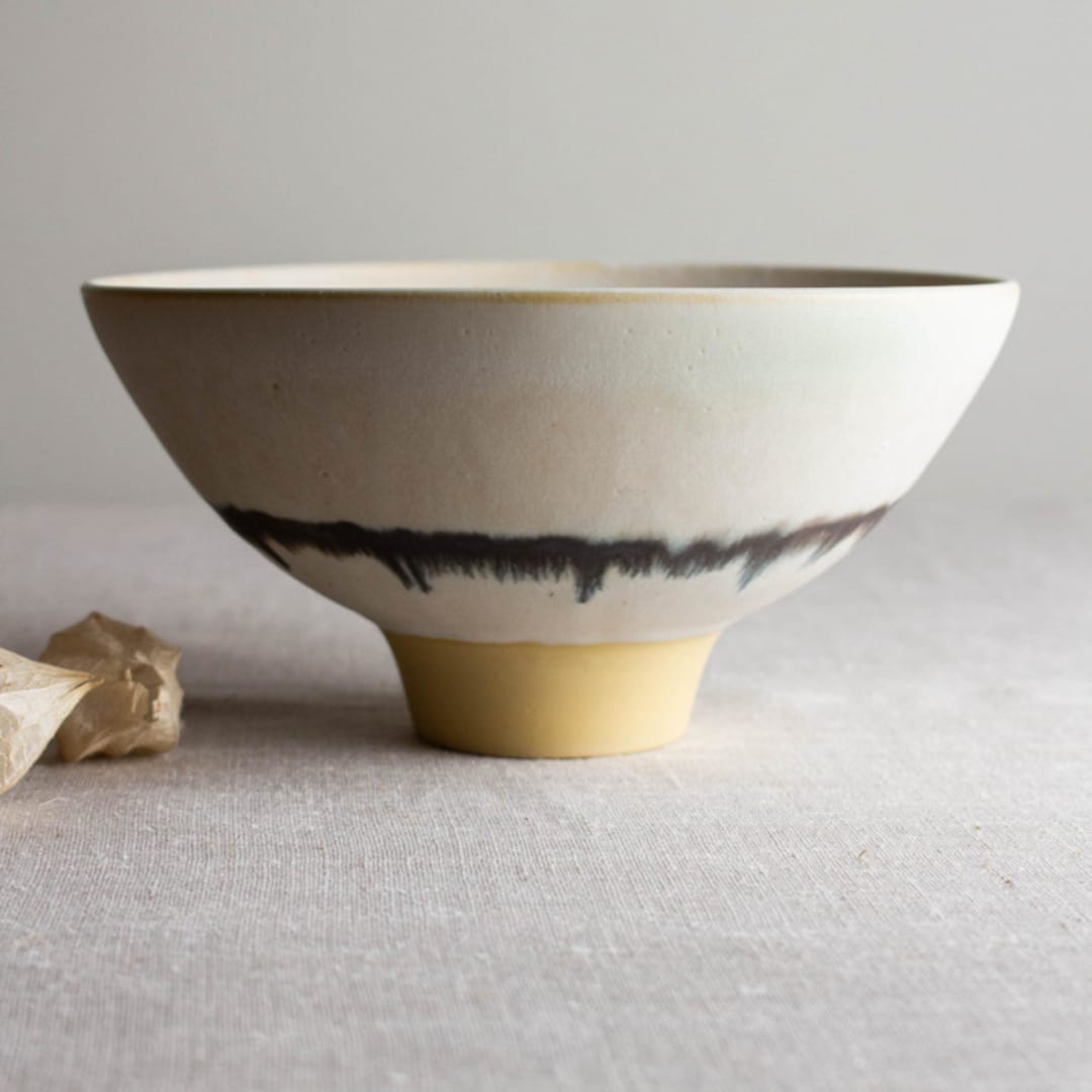 "Glazed Yellow Porcelain Vessel with Manganese Lines 8" - Decorative Object in yellow by Lisa Fleming