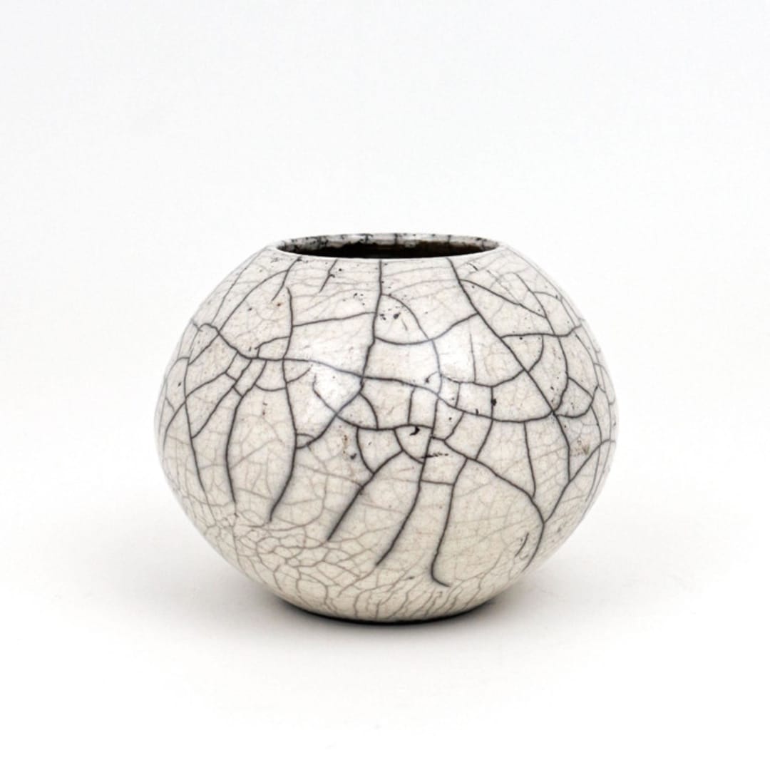 "Raku-fired White Crackle Vessel / 027" - Decorative Object in white by Emily Cheung Ceramics