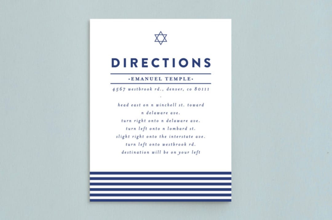"Classic Stripes" - Mitzvah Direction Cards in Ocean by Melissa Egan of Pistols - Front