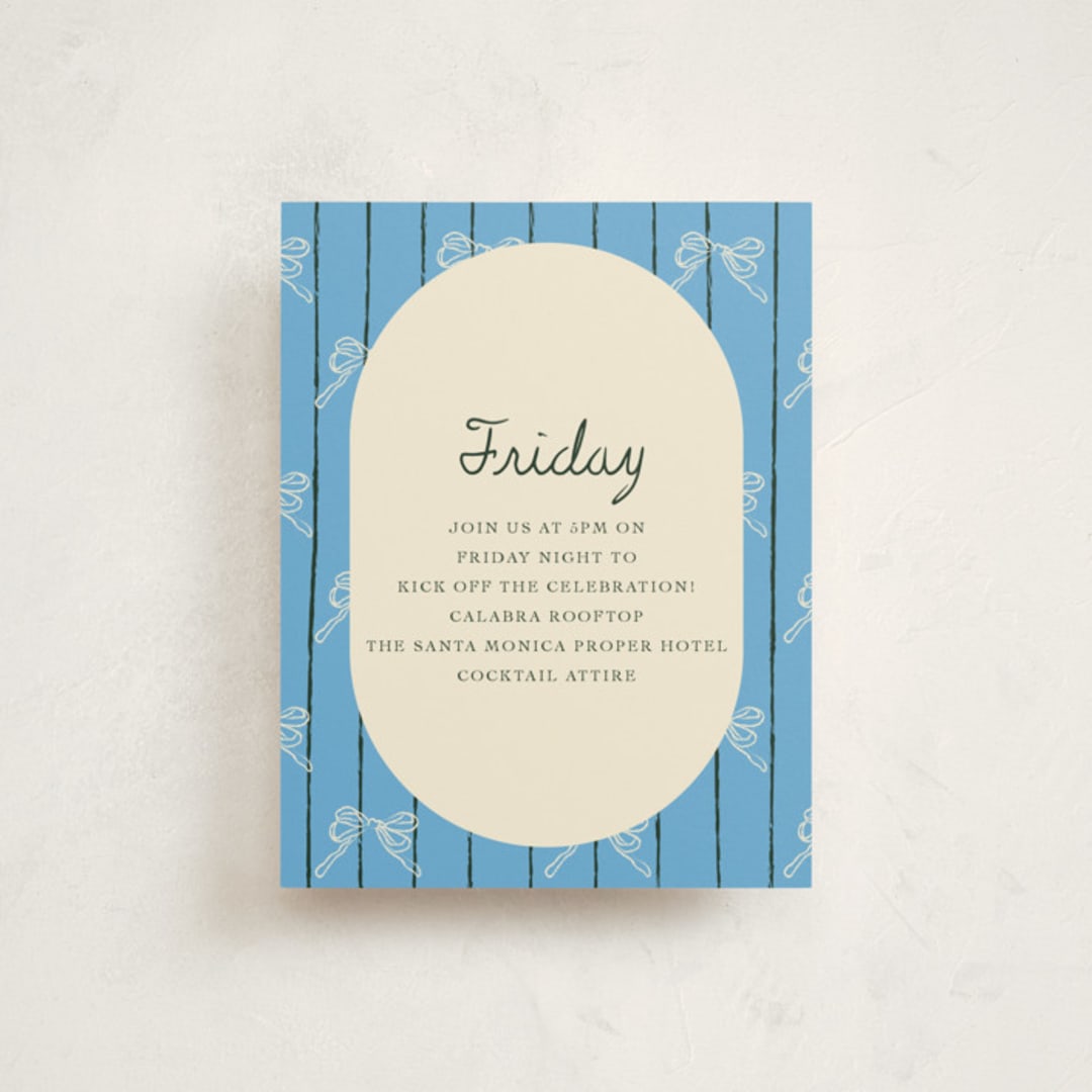 "Oval Bow Wreath" - Mitzvah Direction Cards in Forest by Aviva Atri - Front