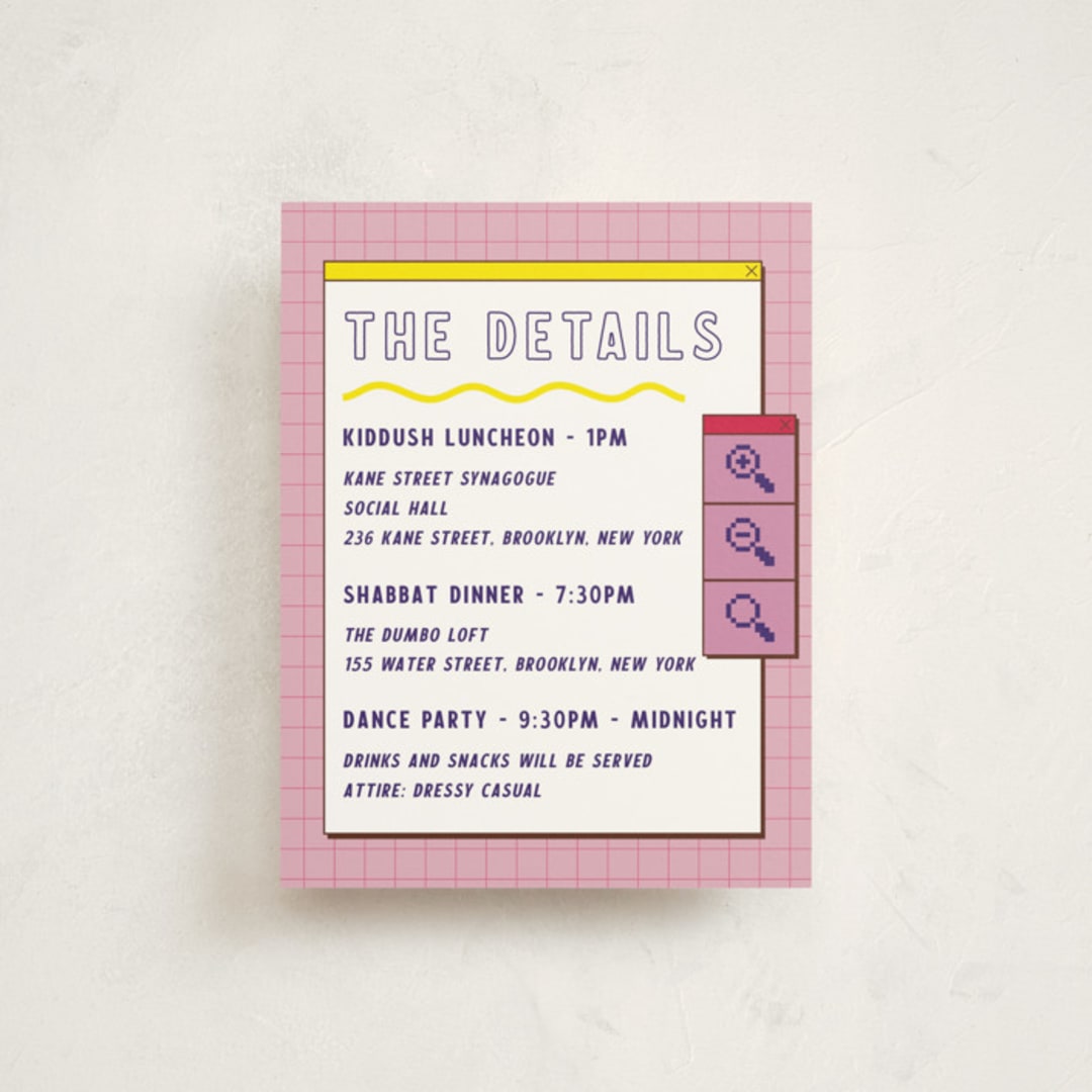 "Bitmap" - Mitzvah Direction Cards in Strawberry by Jennifer Lew - Front