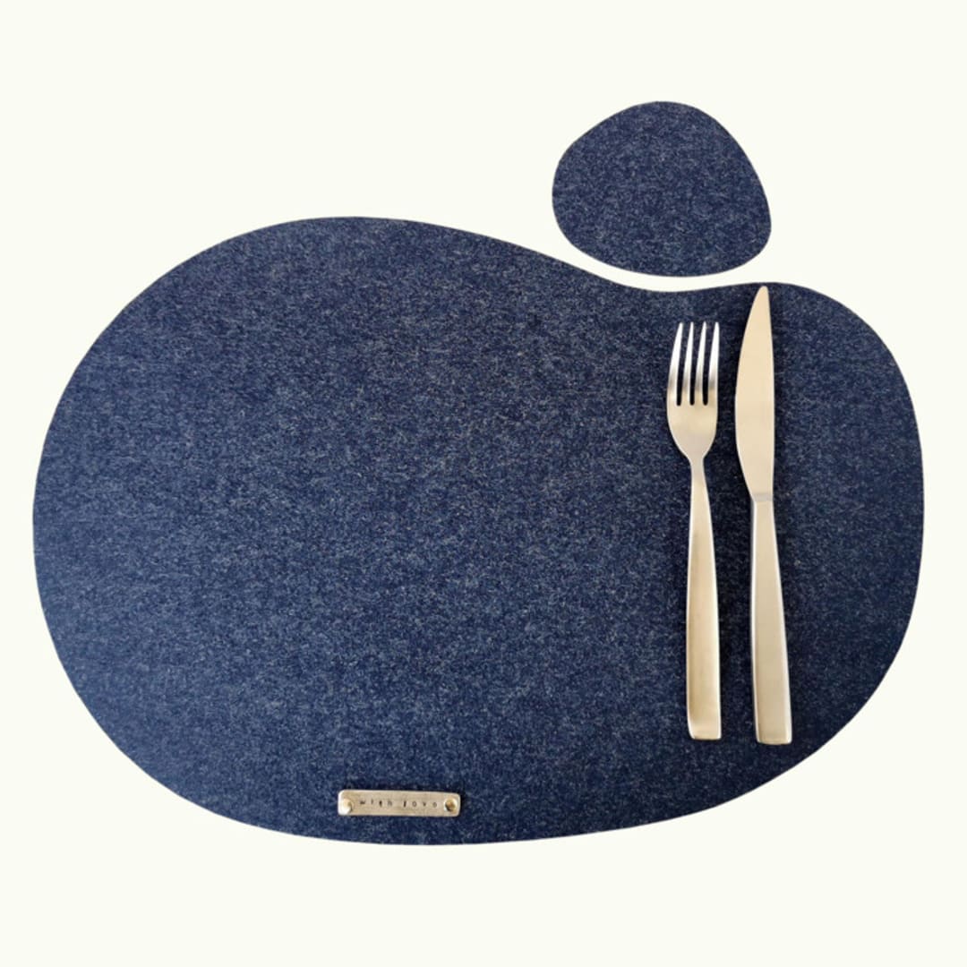 Irregular indigo blue felt placemats and coasters, set of 2