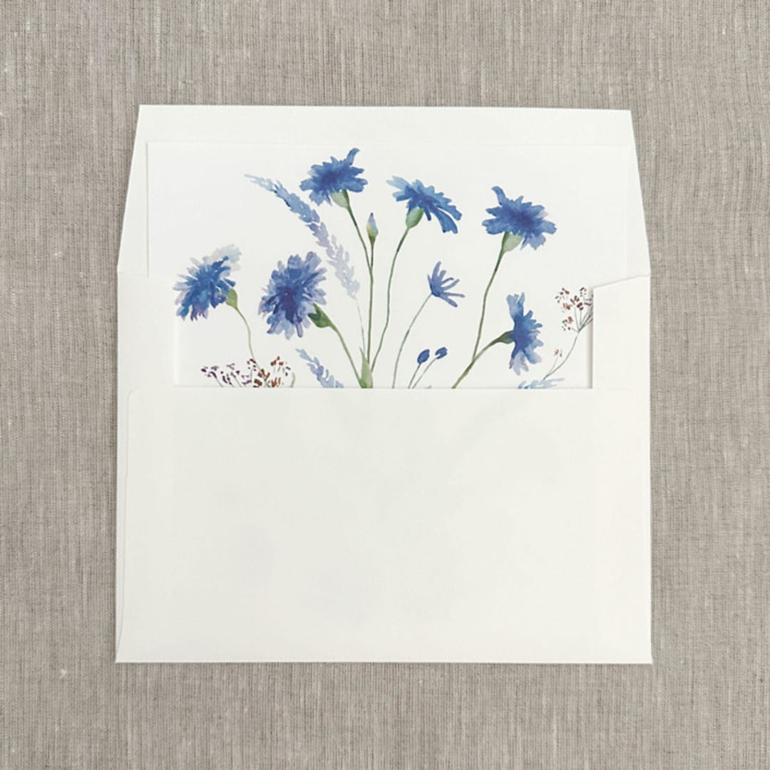 "Blue wildflowers straight flap envelope liner for A7 (5"x7") invitations | Set of 10" - Envelope Liners in blue by Maria Ferrer G.