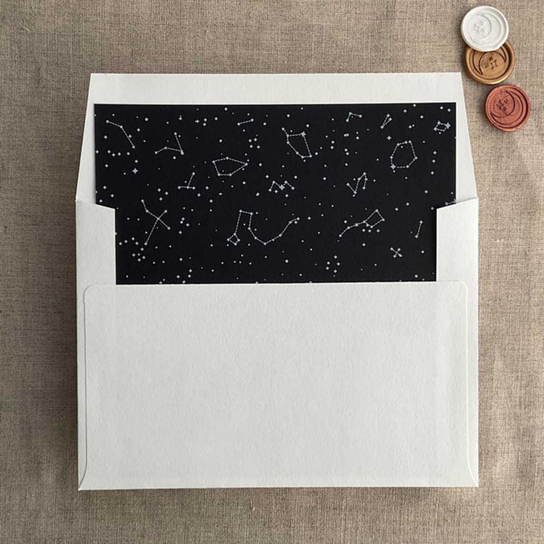 "white ink print Stella Celestial printed black envelope liner for A7 square flap envelope" - Envelope Liners in black by Ivory Invitations