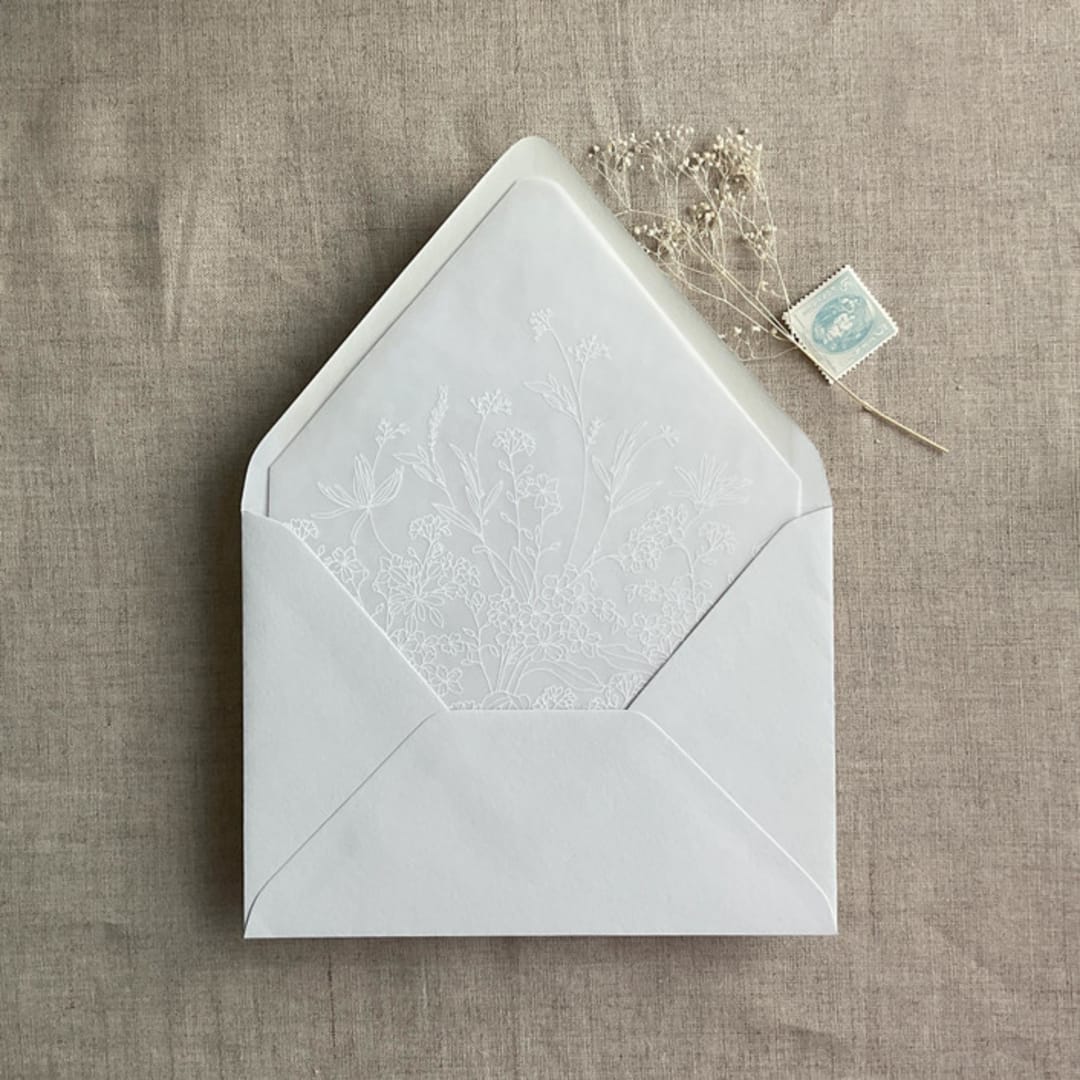 "White Adorable wild floral vellum envelope liner for A7 euro flap envelope | pack of 10" - Envelope Liners in white by Ivory Invitations