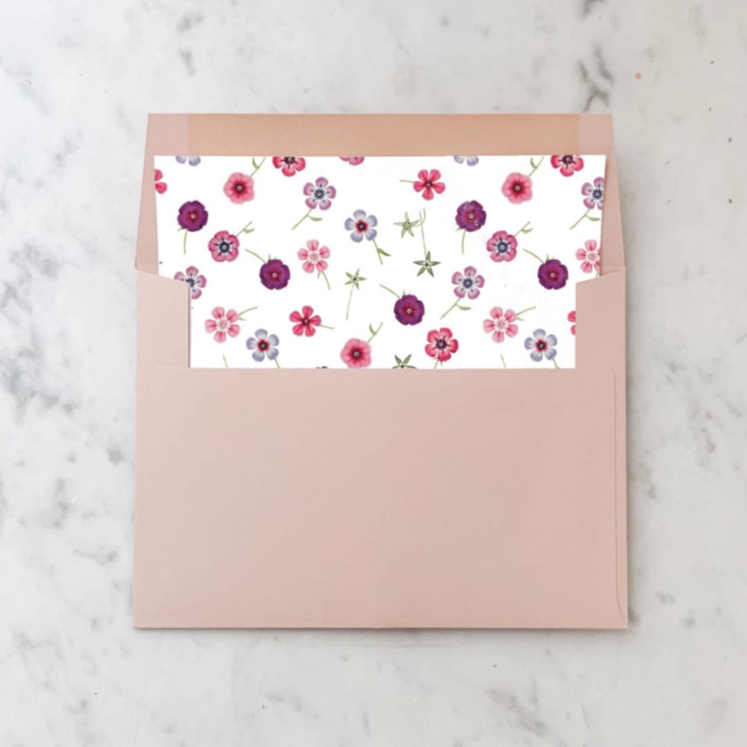 "A7 Envelope Liners Pink and Purple Flowers Square Flap (set of 10)" - Envelope Liners in pink by Design by Laney