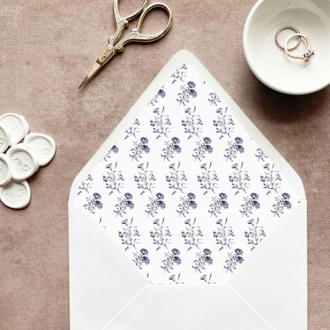 "Navy Floral Toile Envelope Liner | Set of 10 | For 5x7” invitations" - Envelope Liners in blue by Cotton and Bow