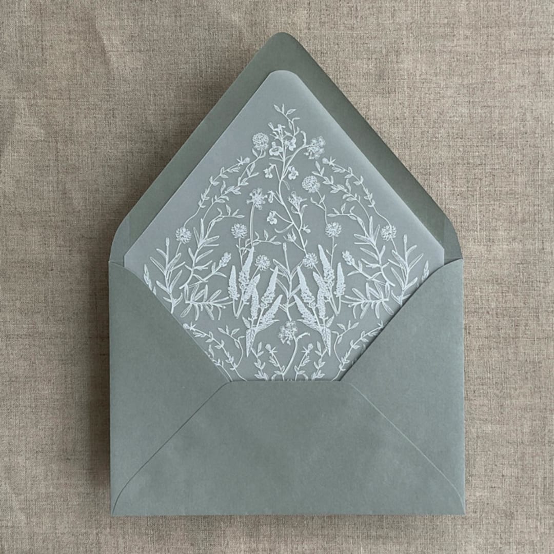 "White ink English botanical garden print liner for A7 euro flap envelope | pack of 10" - Envelope Liners in white by Ivory Invitations