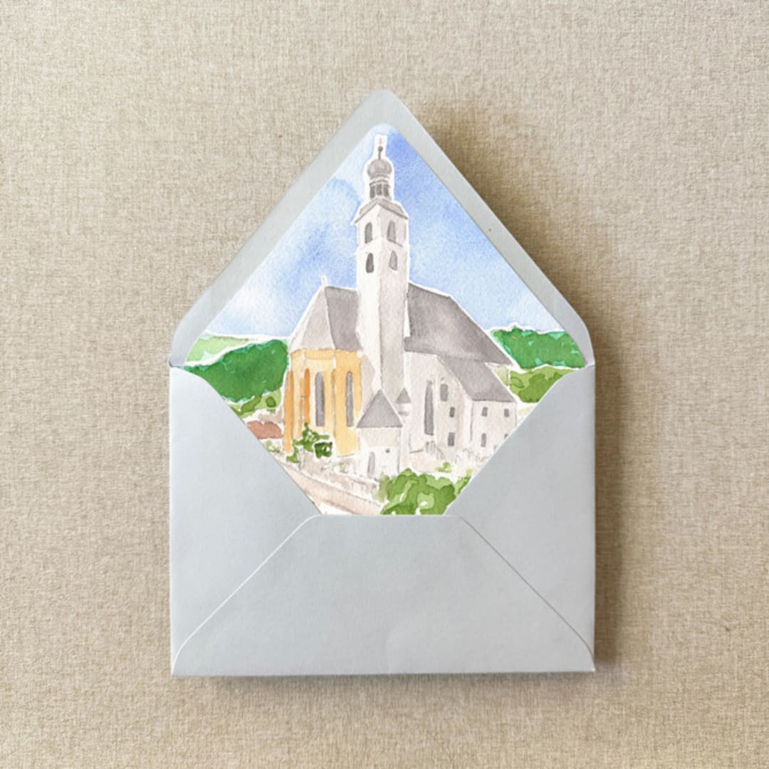 "Custom Watercolor Venue Envelope Liner | Set of 10 | For 5x7" Invitations" - Envelope Liners in multicolor by Cotton and Bow