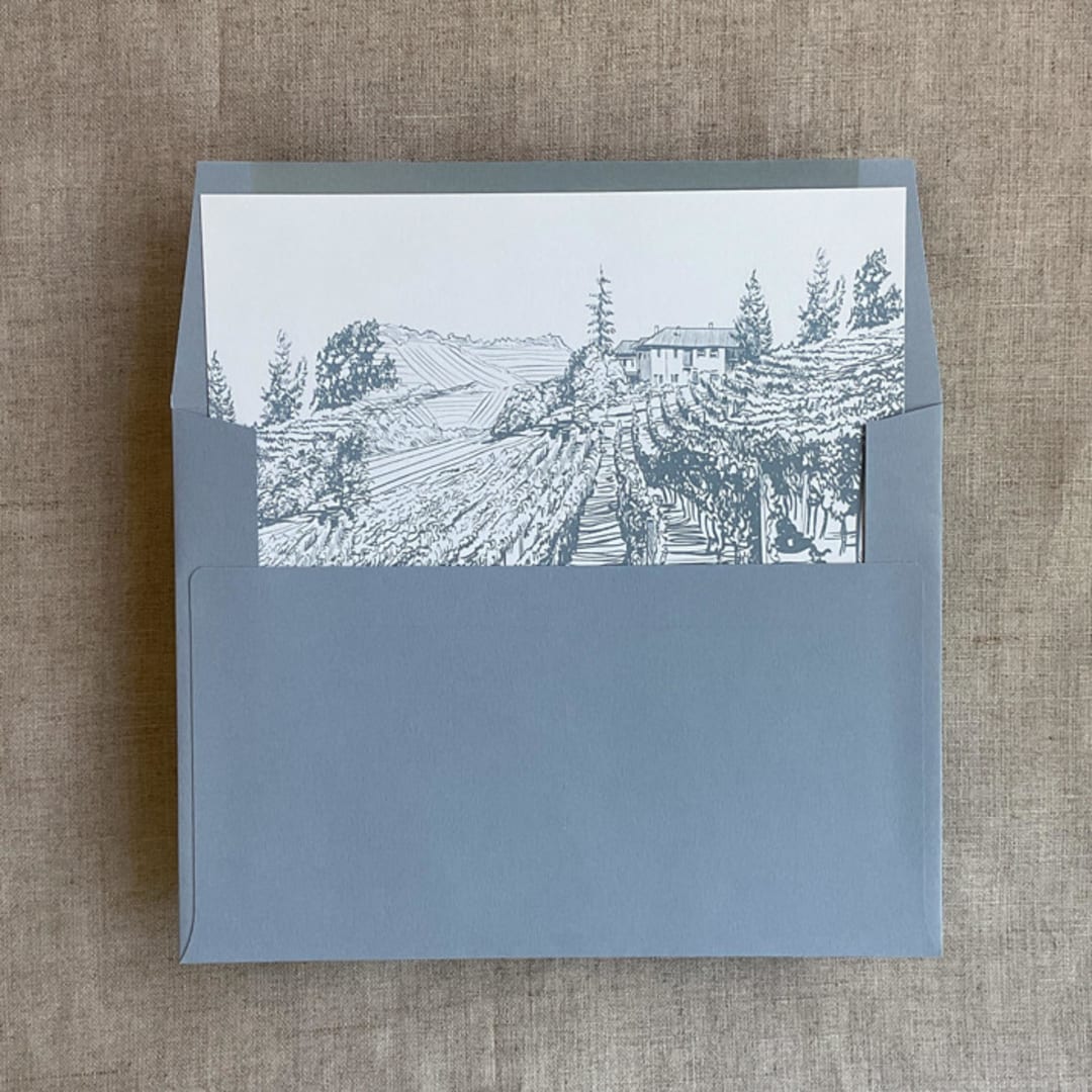 "Vineyard landscape sketch steel blue printed envelope liner for A7 square flap envelope | pack of 10" - Envelope Liners in blue by Ivory Invitations
