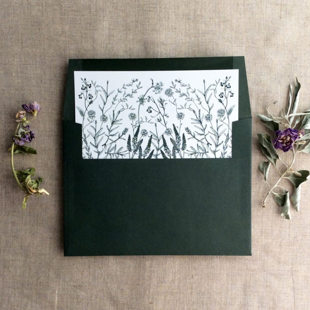 "Forest green English botanical garden floral envelope liner for A7 square flap envelope | pack of 10" - Envelope Liners in green by Ivory Invitations