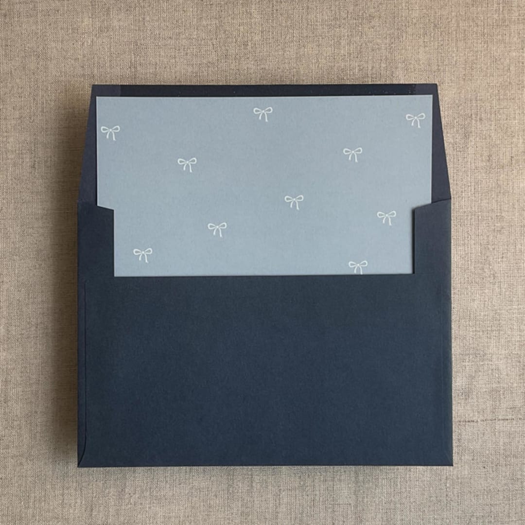 "Steel blue baby ribbon bows envelope liner for A7 square flap envelope | pack of 10" - Envelope Liners in blue by Ivory Invitations