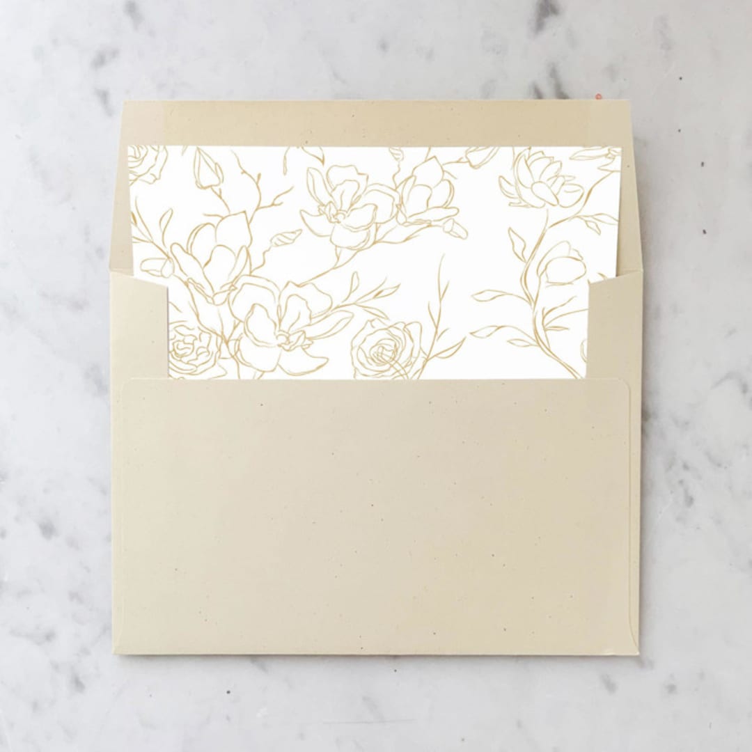 "A7 Envelope Liners Gold Flowers Square Flap (set of 10)" - Envelope Liners in gold by Design by Laney