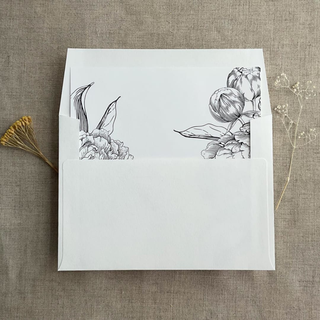 "Black Etched grand peony vintage floral envelope liner for A7 square flap envelope | pack of 10" - Envelope Liners in black by Ivory Invitations