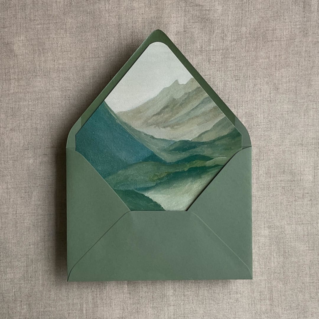 "Abstract painting green mountain envelope liner for A7 euro flap envelope | pack of 10" - Envelope Liners in green by Ivory Invitations