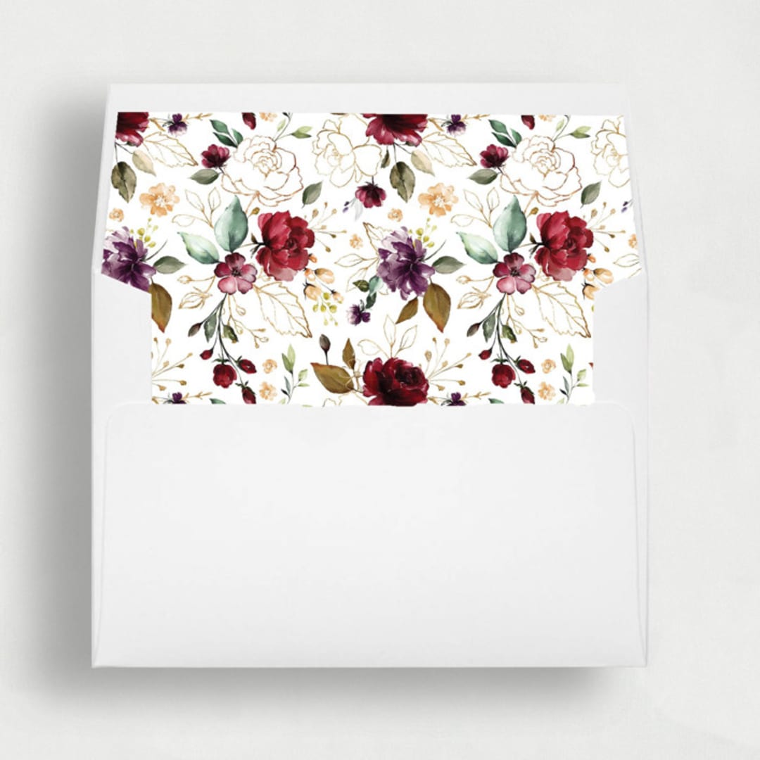"Burgundy Gold Florals | Set of 25 Envelope Liners" - Envelope Liners in gold by Nikki Turner
