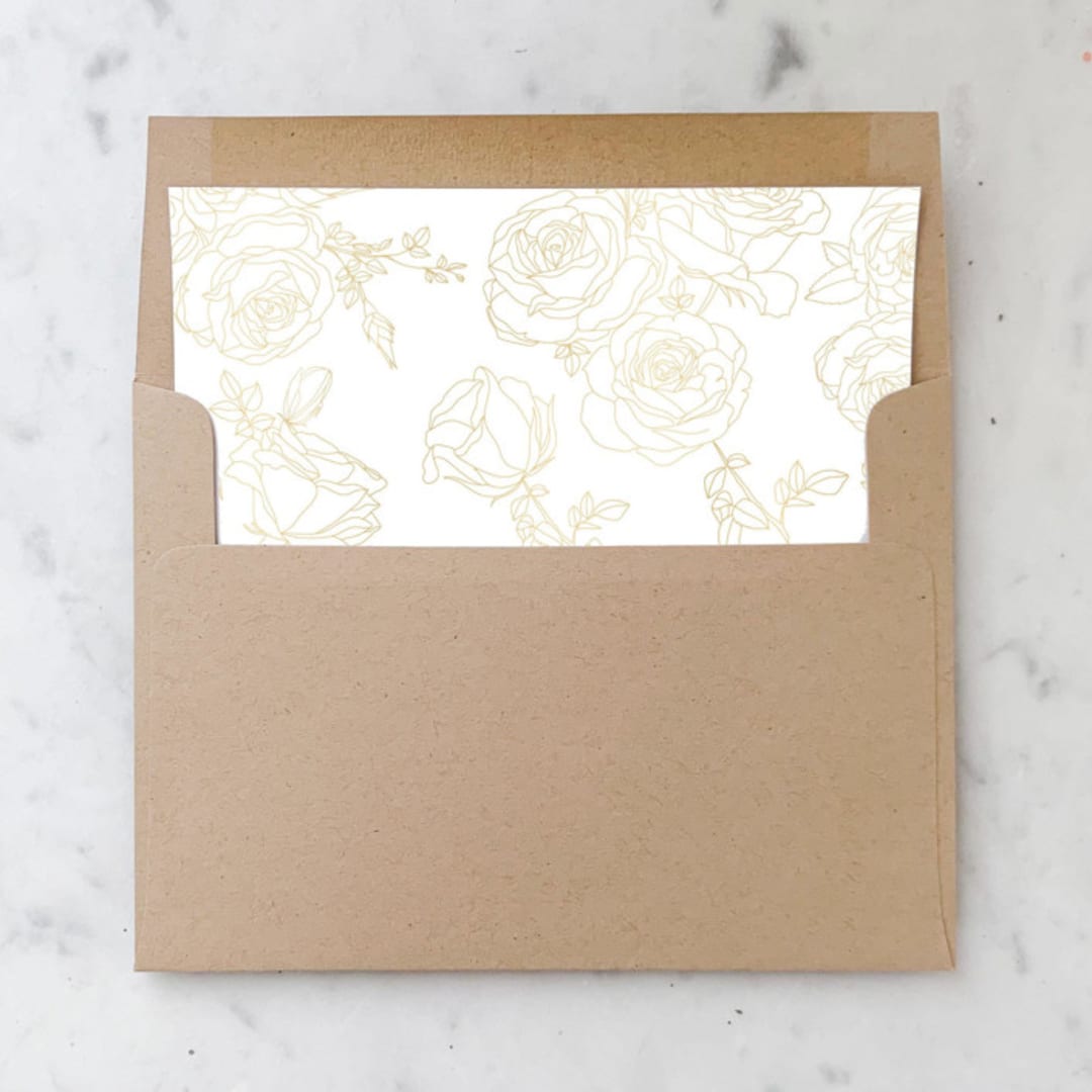 "A7 Envelope Liners Gold Rose Line Art Square Flap (set of 10)" - Envelope Liners in gold by Design by Laney