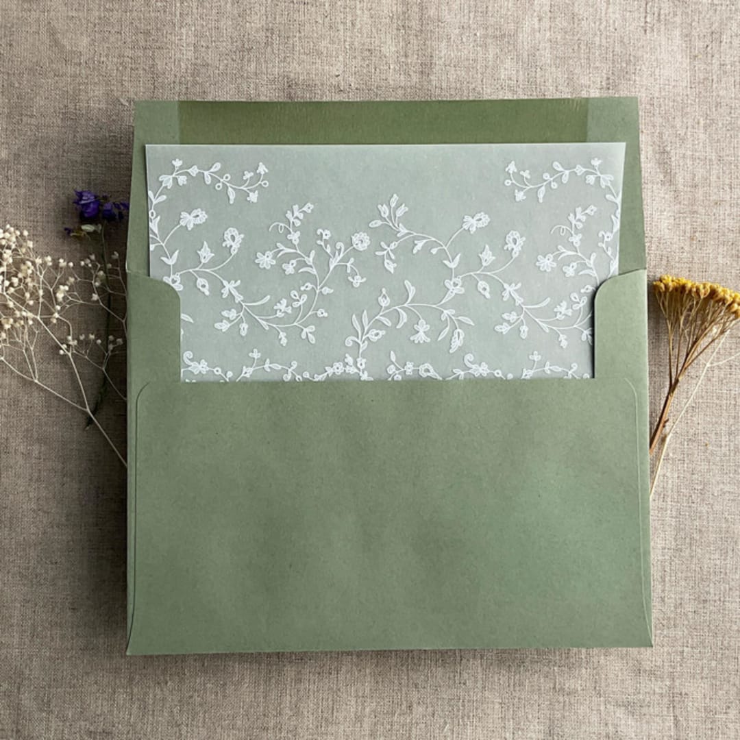 "White ink print dainty floral vines printed vellum liner / insert for A7 square flap envelope" - Envelope Liners in white by Ivory Invitations