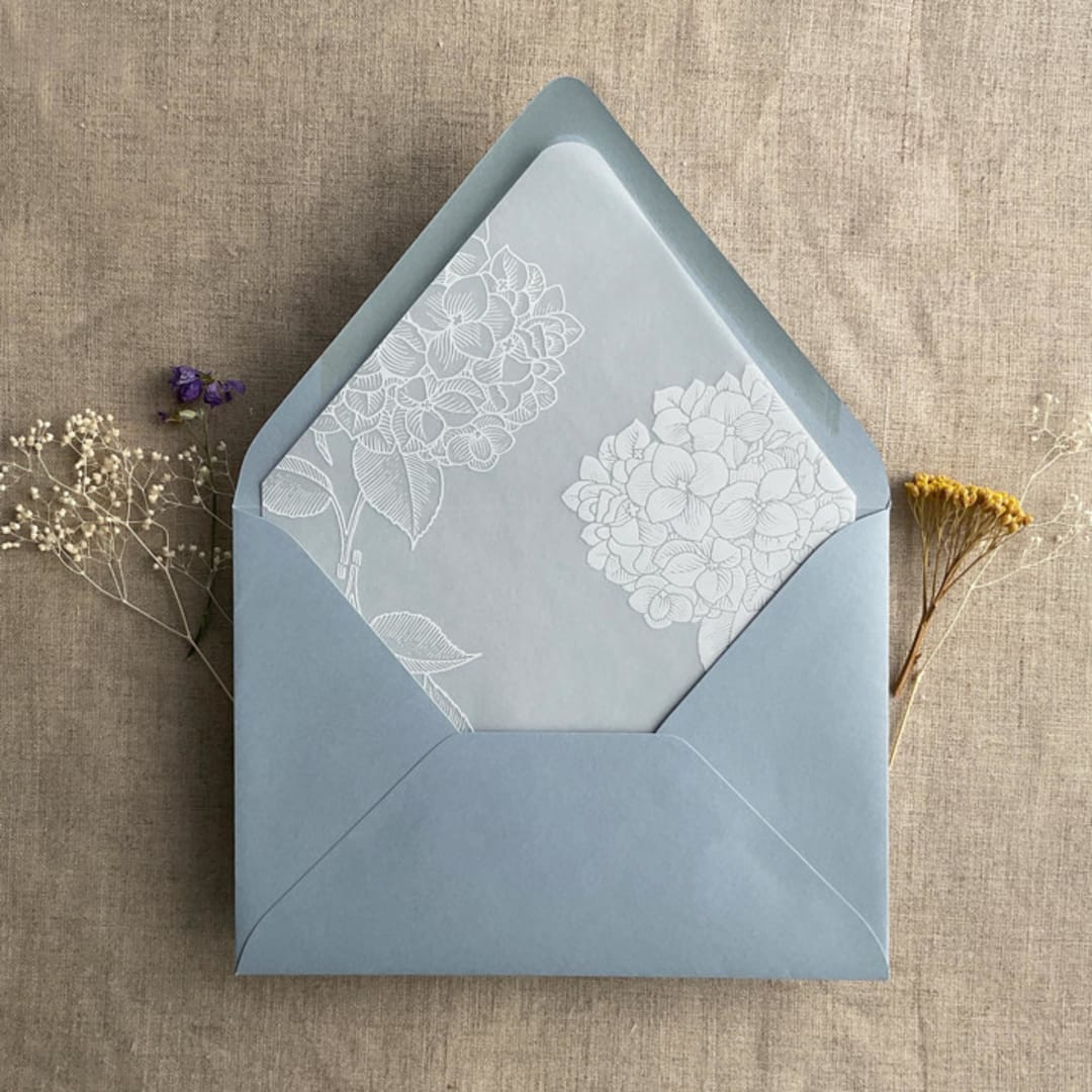"White ink print hydrangea floral printed liner for A7 euro flap envelope | pack of 10" - Envelope Liners in white by Ivory Invitations